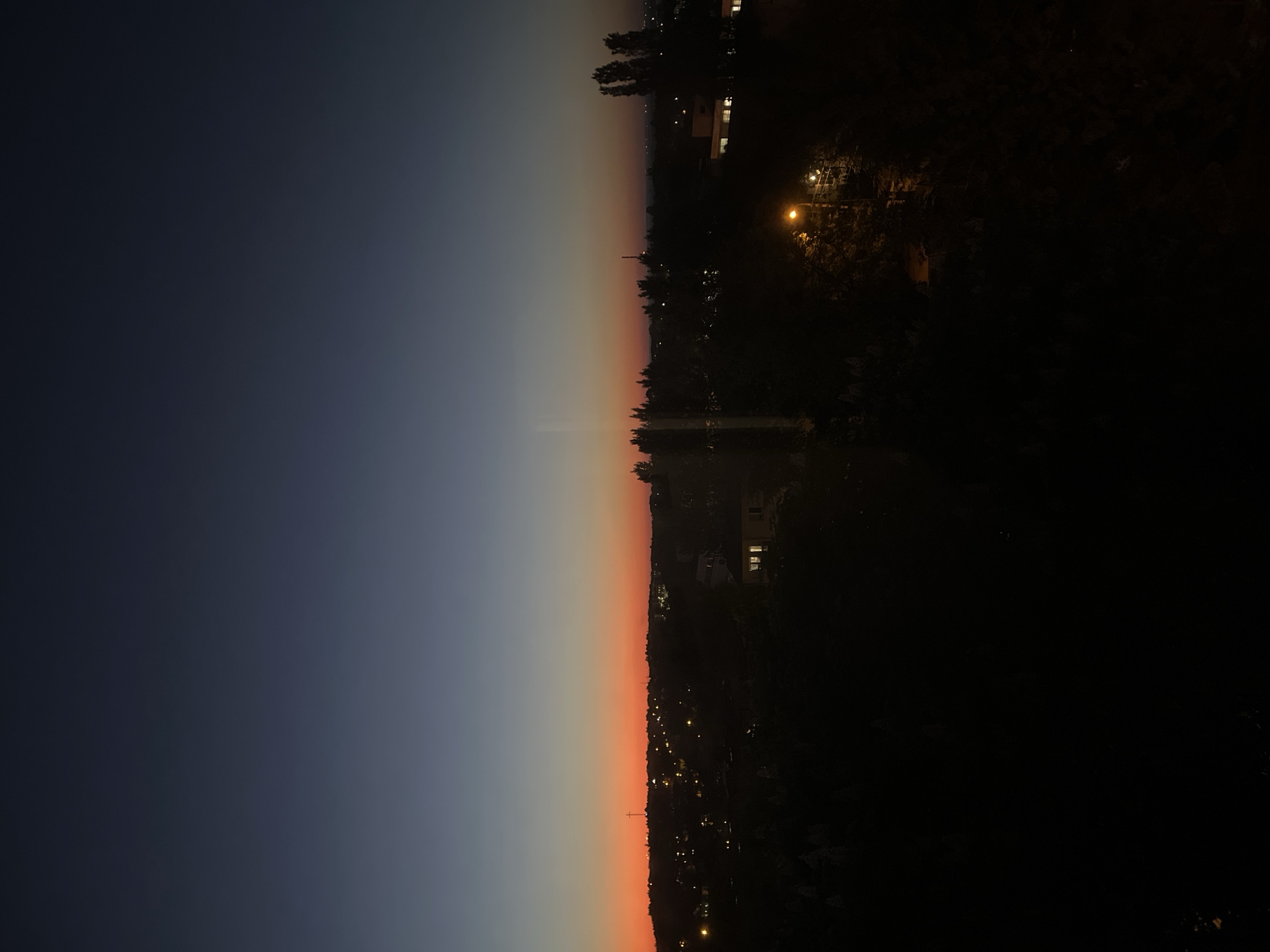 The image depicts a night view of a city landscape during twilight. The sky transitions from a dark blue on the left to orange and pink hues near the horizon. The horizon is lined with buildings, trees, and streetlights. The foreground is mostly dark, with silhouettes of trees and structures. Some lights from buildings are visible. The image is oriented vertically.