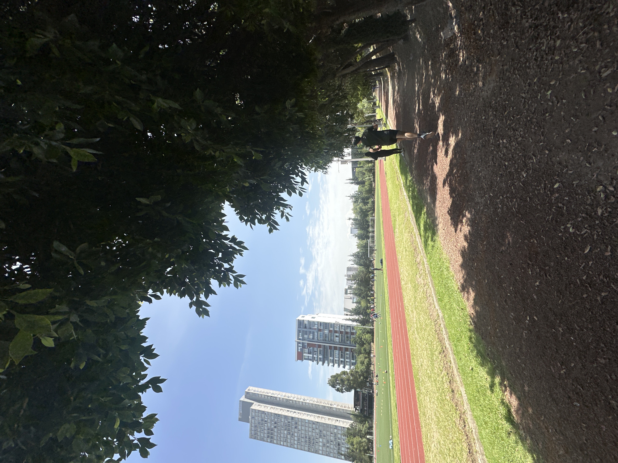 This is a full-frame, eye-level, vertical outdoor photograph. The scene depicts a running track and a wooded path next to it, with buildings in the background. On the right side of the frame, a dense canopy of dark green leaves overhangs the path, creating dappled shadows on the reddish-brown dirt track below. A single individual, wearing a dark green t-shirt and black shorts, is running away from the camera on this path. Further down the path, another person in black is visible.
To the left of the path, a bright red running track is bordered by a strip of vibrant green grass. Beyond the track, a sports field with scattered people and orange cones is visible. In the distance, two prominent modern buildings stand against a clear blue sky with scattered white clouds. The taller building on the left is a grey, rectangular skyscraper with numerous windows, while the building to its right is a white structure with red accents and a more complex, stepped design. Other smaller buildings and trees are scattered throughout the background, suggesting an urban or semi-urban environment. The lighting indicates it is daytime, likely midday, with strong sunlight casting distinct shadows. The overall impression is one of an athletic facility within a city.
This image was likely taken at the Universidad de las Américas Puebla (UDLAP) campus, which is located in the municipality of San Andrés Cholula, part of the Puebla metropolitan area in Mexico. The architecture of the buildings in the background, particularly the taller grey skyscraper, is characteristic of structures found on the UDLAP campus, and the presence of a running track and sports fields aligns with the university's facilities.