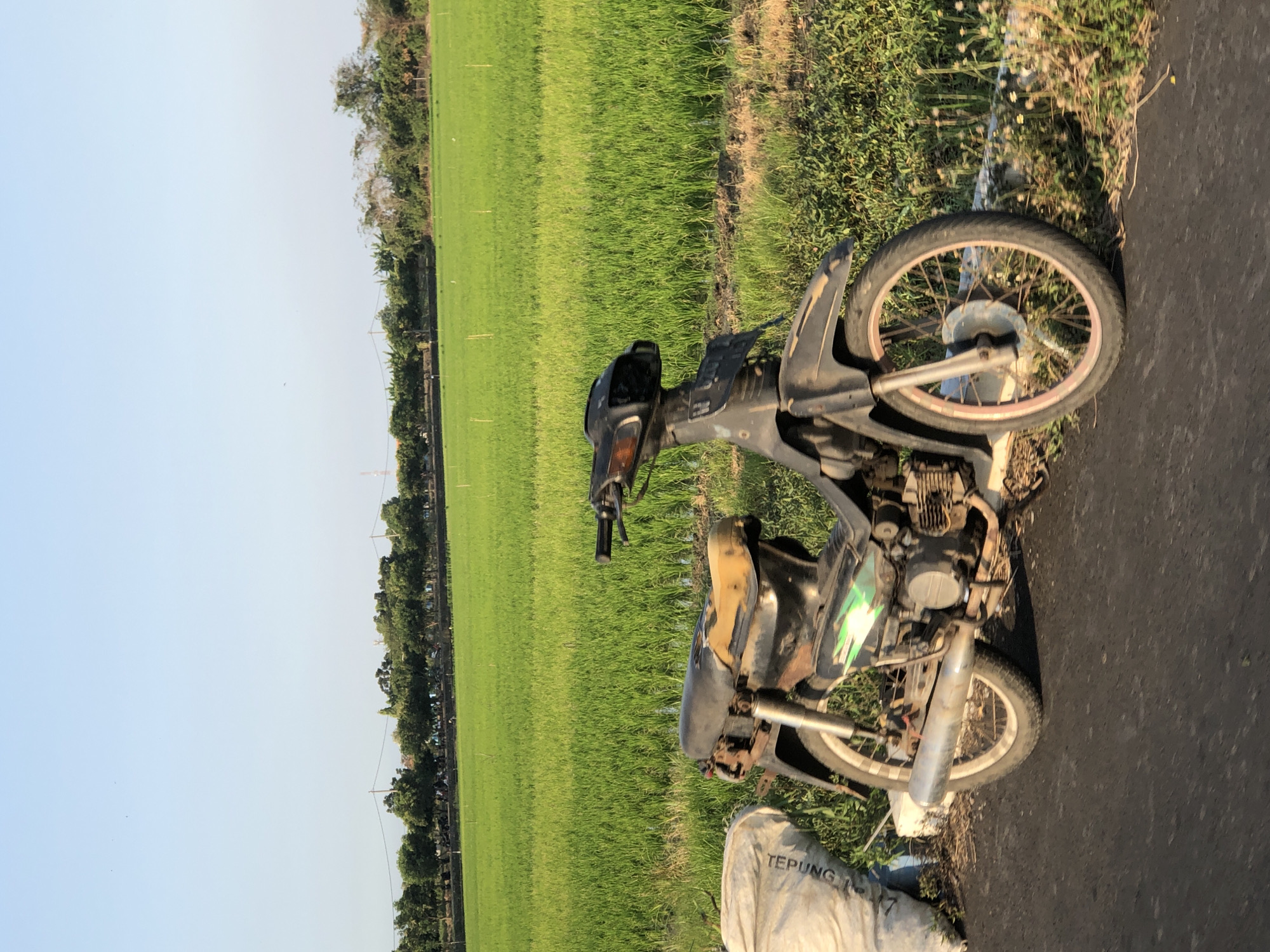 An aged, dark-colored motorcycle with a worn, yellow-brown seat is parked on the side of a rural dirt road in Kalitengah, Indonesia. The motorcycle is positioned at an angle, facing slightly towards the right of the frame. To the left of the motorcycle, a large, white sack with faint writing is visible. Behind the motorcycle, a lush green rice paddy stretches out, bordered by a line of trees and a clear, light blue sky. The sun appears to be low in the sky, casting a soft light over the scene. The environment suggests a rural agricultural setting.