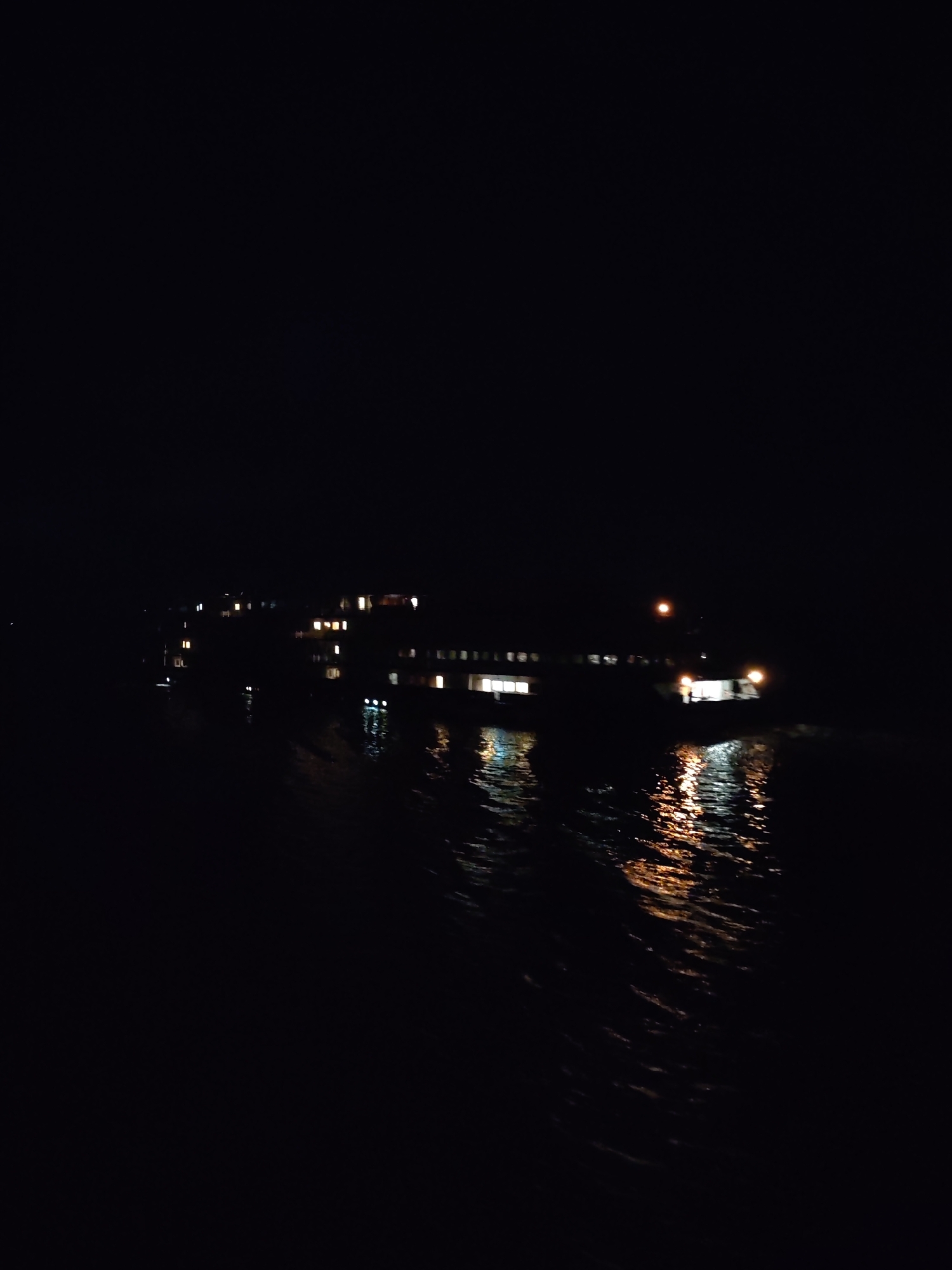 A long vessel, likely a ferry or large boat, is traversing a dark body of water at night. Lights from the vessel illuminate the water's surface, creating a series of reflections. The shape of the boat is difficult to discern due to low lighting. Other lights are also visible in the background and left sides of the image, indicating the presence of a city or town along the shoreline. The location is the city of Bol'shie Mkhi, Russia.