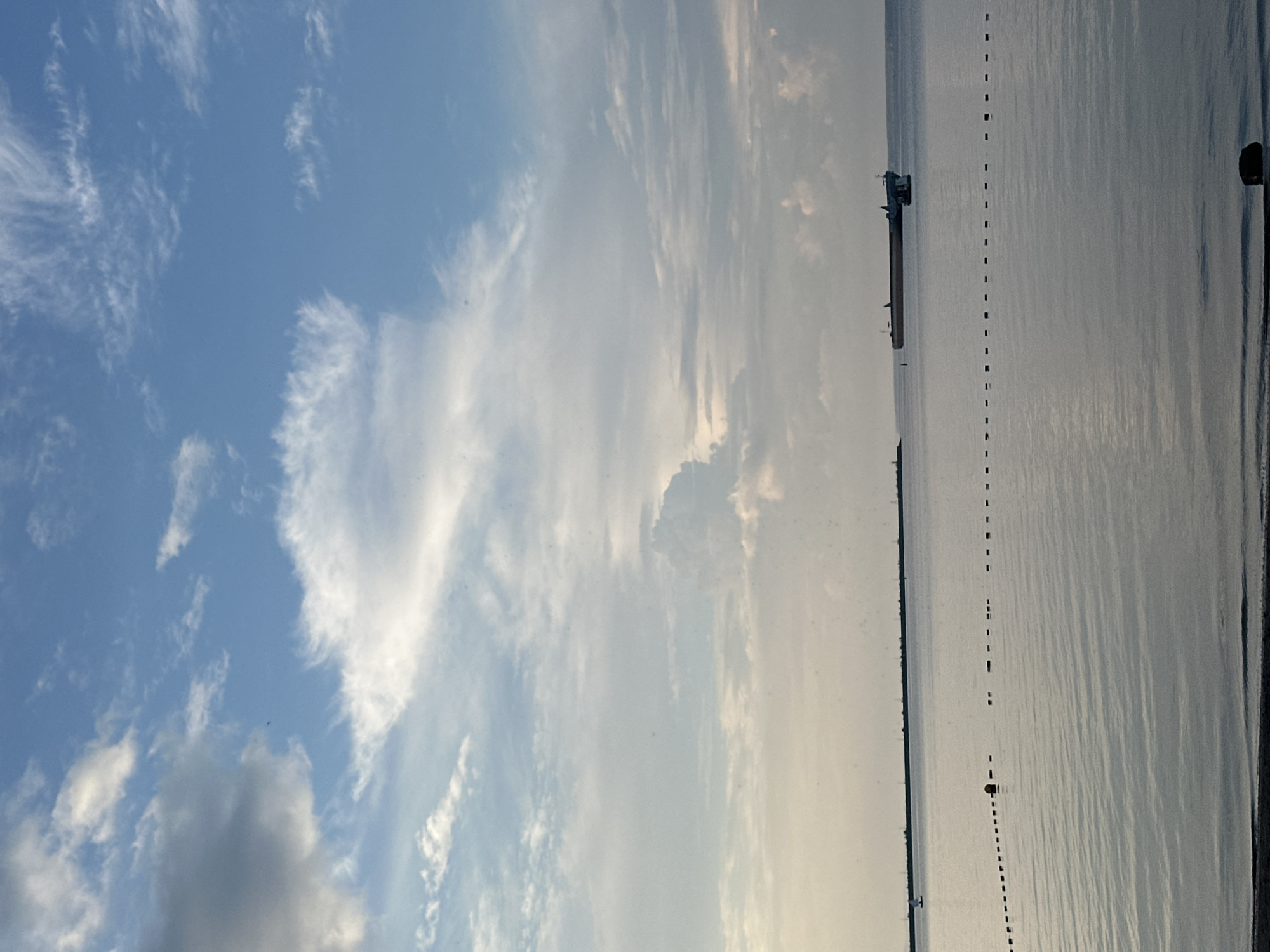 An expansive, serene body of water stretches across the frame, reflecting the soft, muted colors of the sky above. The sky is a canvas of pale blue, streaked with wisps of white clouds that create a sense of depth and movement. A large cargo ship, a dark silhouette against the horizon, is positioned on the right side of the image, appearing to be at anchor. In the foreground, a line of buoys, marked by dark rectangular shapes and one orange spherical buoy, creates a visual barrier across the water. The gentle ripples on the water's surface suggest a calm and tranquil environment. The distant shoreline is a faint line, with some structures barely discernible. The overall impression is one of quietude and vastness, with the natural elements dominating the scene.