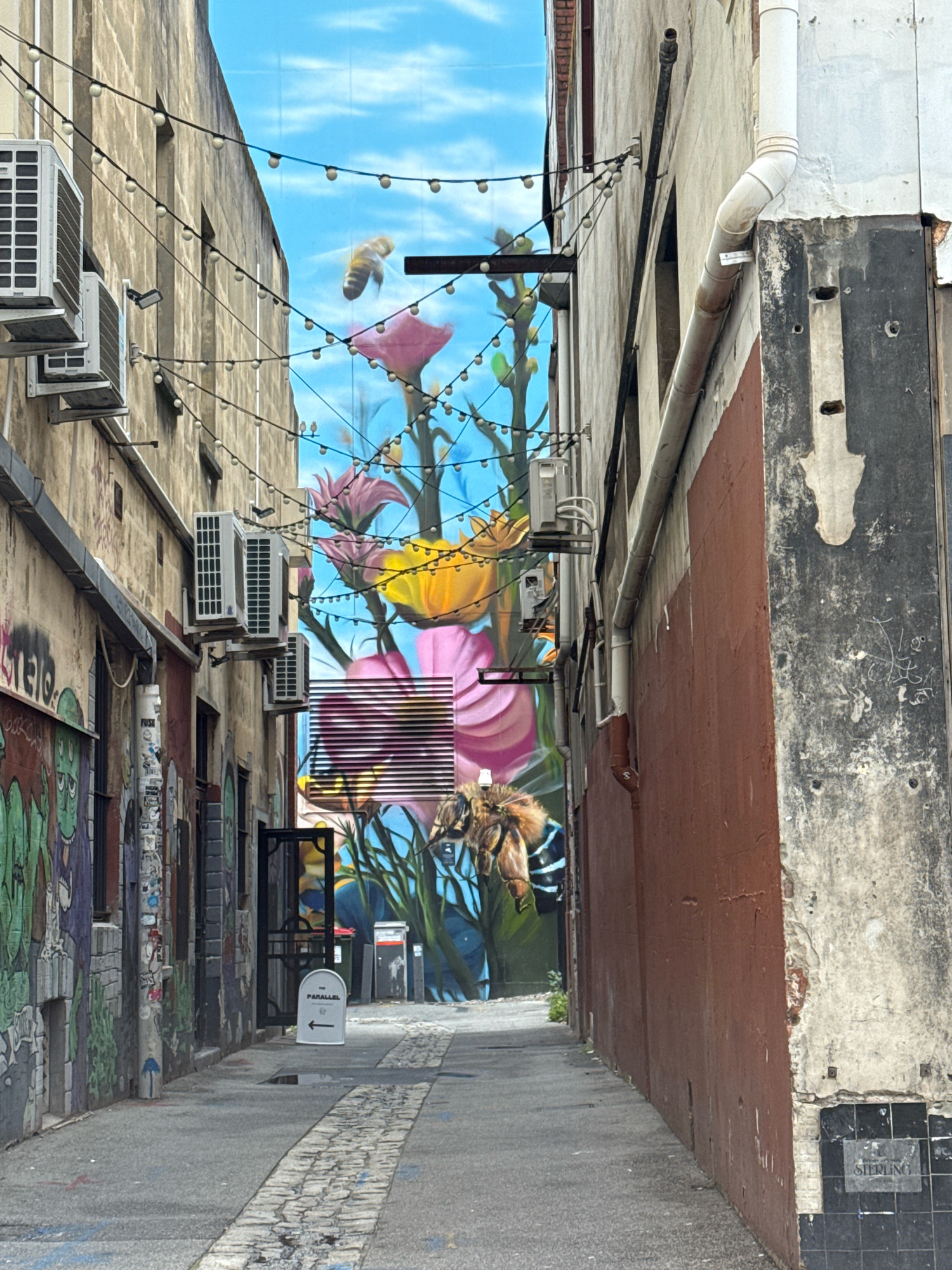 The image shows a narrow alleyway between two buildings. The left building has several air conditioning units mounted on its exterior and graffiti on its lower section. The right building is painted a reddish-brown color and has a dark, textured section near the corner. A large mural depicting colorful flowers, plants, and bees covers the back wall of the alleyway, extending upwards into a bright blue sky. The alleyway is paved with cobblestones and has a string of lights suspended overhead. A white sign with an arrow pointing to the left and the text "THE PARALLEL" is visible on the ground. The overall impression is that of an urban back alley transformed into a vibrant and artistic space.
