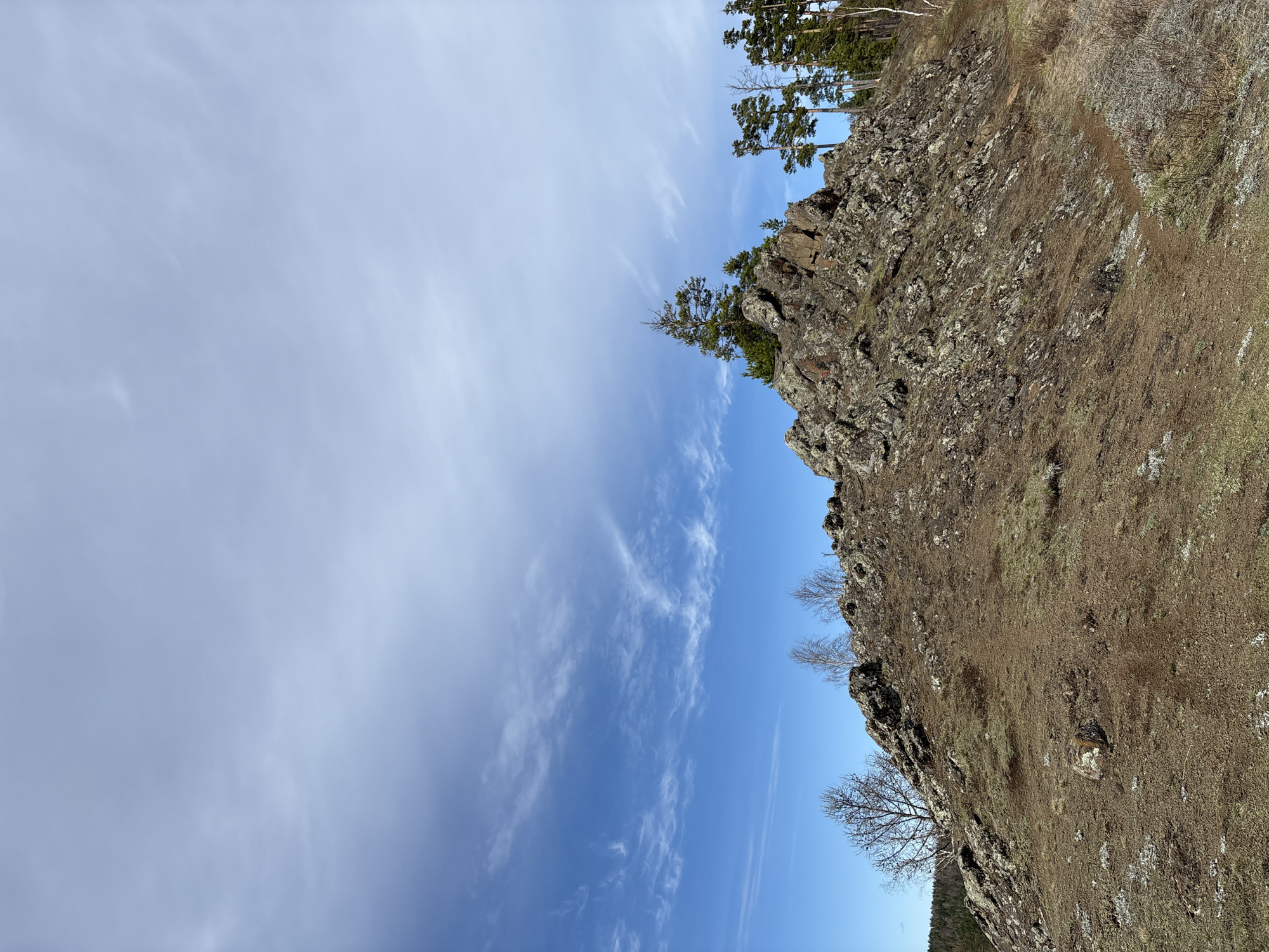 The image shows a rocky cliffside with sparse vegetation and trees at its top edge against a sky with streaky clouds and blue patches. The location is Невон, Russia.
