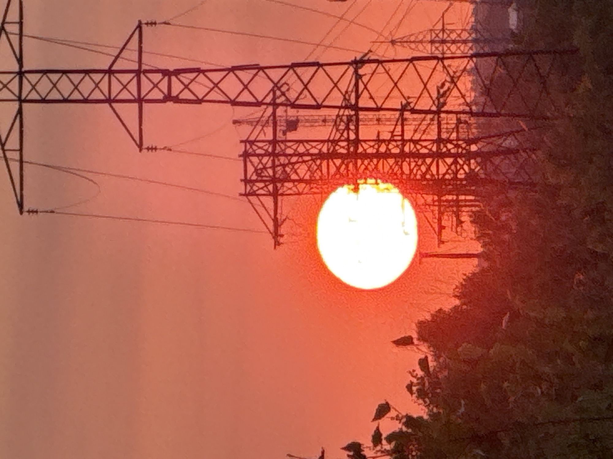 The image shows a striking sunset with a large, bright sun partially obscured by trees and power lines. The sky is a vibrant orange-red, suggesting a late evening or early morning occurrence. In the foreground, silhouetted trees with sparse leaves line the bottom of the frame, creating a dark, textured layer.
Dominating the right side of the image are several large, dark metal electricity pylons, their intricate lattice structures clearly defined against the colorful sky. Power lines stretch between these pylons, forming a complex network. In the middle ground and background, more pylons and what appear to be industrial structures or buildings are visible, also silhouetted against the sunset. One of the power pylons in the foreground is positioned directly to the right of the sun.
The sun itself is a large, bright orb, appearing white in the center due to its intensity, surrounded by a halo of reddish-orange light that blends into the sky. The overall scene evokes a sense of industrial landscape meeting natural phenomena.
Given the specific mention of Surgut, Russia, it's plausible this photograph was taken in an area of Surgut that features power transmission infrastructure and some surrounding vegetation. Surgut is known for its industrial presence, particularly in the oil and gas sector, which often necessitates extensive power infrastructure. The presence of power pylons is consistent with such an environment. The time of year for such a sunset would depend on the specific date, but the dramatic colors are characteristic of atmospheric conditions that can occur at various times.