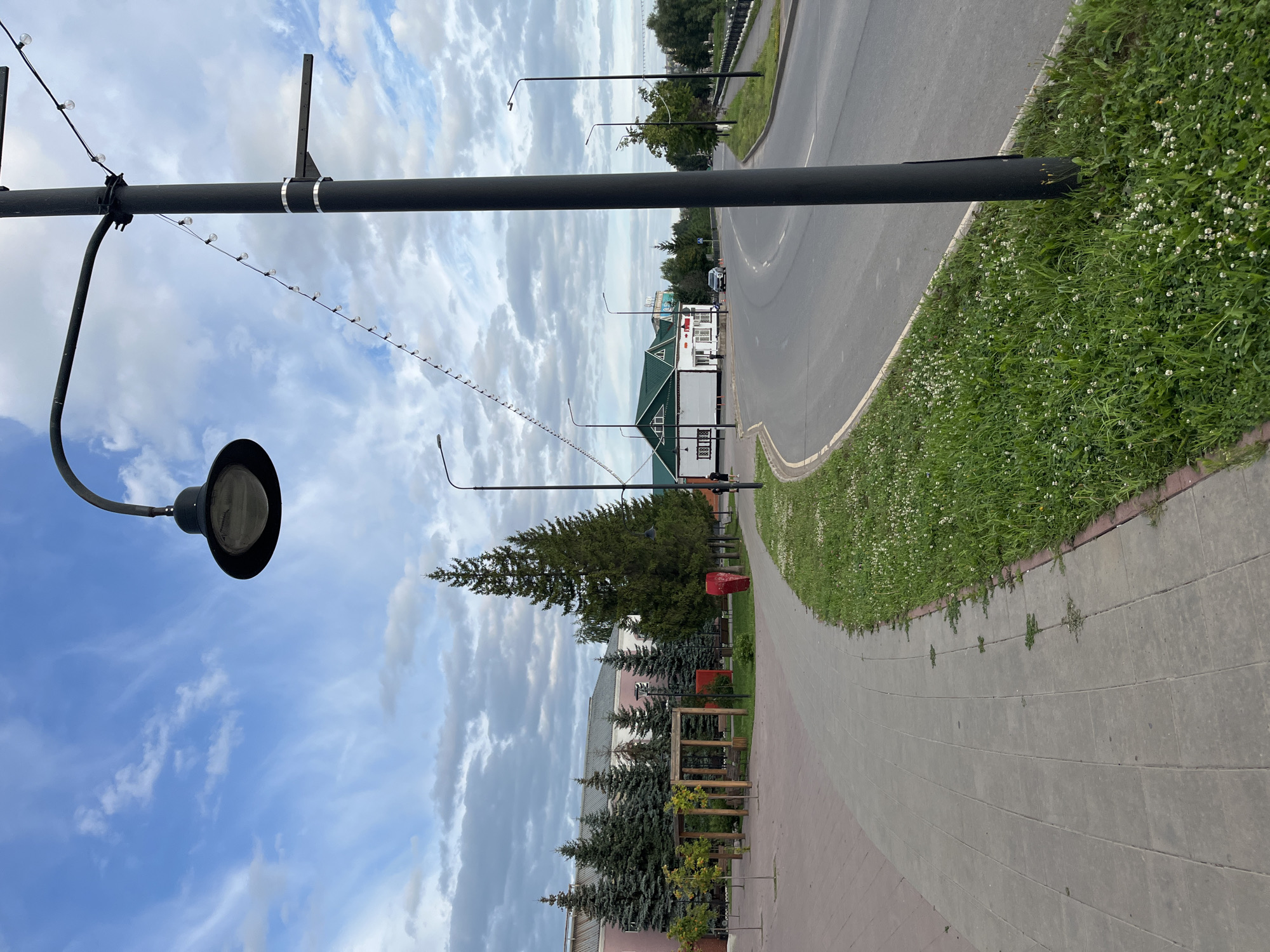 The image captures an outdoor scene in Blagoveshchensk, Russia, likely along a street adjacent to a park or public walkway. In the foreground, a grey concrete sidewalk curves to the left, bordered by a strip of lush green grass dotted with small white flowers. A tall, black lamppost stands prominently in the right foreground, with a string of decorative lights extending from it and disappearing out of frame to the left.
Beyond the sidewalk and grass, a paved road curves to the right. On the left side of the road, a park-like area features several tall, dark green evergreen trees, a wooden pergola structure with benches, and some smaller trees. A pink building with a grey roof is visible behind the trees. On the right side of the road, a white building with a green roof and red trim stands, featuring windows and signage. A few cars are present on the road, and a couple of individuals are visible walking in the distance. The sky above is a mix of blue with scattered white, wispy clouds. The overall impression is of a well-maintained urban environment, possibly during late afternoon or early evening given the soft lighting.