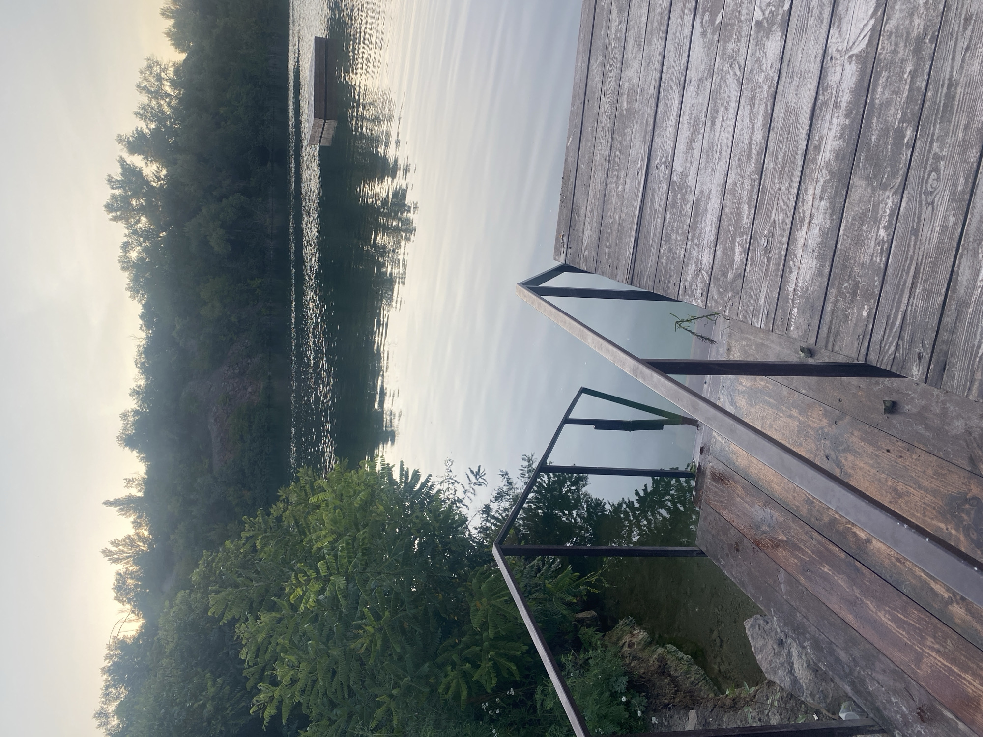 The image shows a wooden pier with metal railings leading down to a calm body of water. Dense green foliage borders the left side of the pier and the water's edge. In the distance, across the water, is a treeline and a hazy sky. A small wooden platform floats in the middle of the lake. The scene appears to be a natural setting, possibly a quarry or lake, likely located in or near the city of Dnipro, Ukraine, given the context. The overall impression is one of tranquility and natural beauty, possibly during dawn or dusk due to the soft lighting.