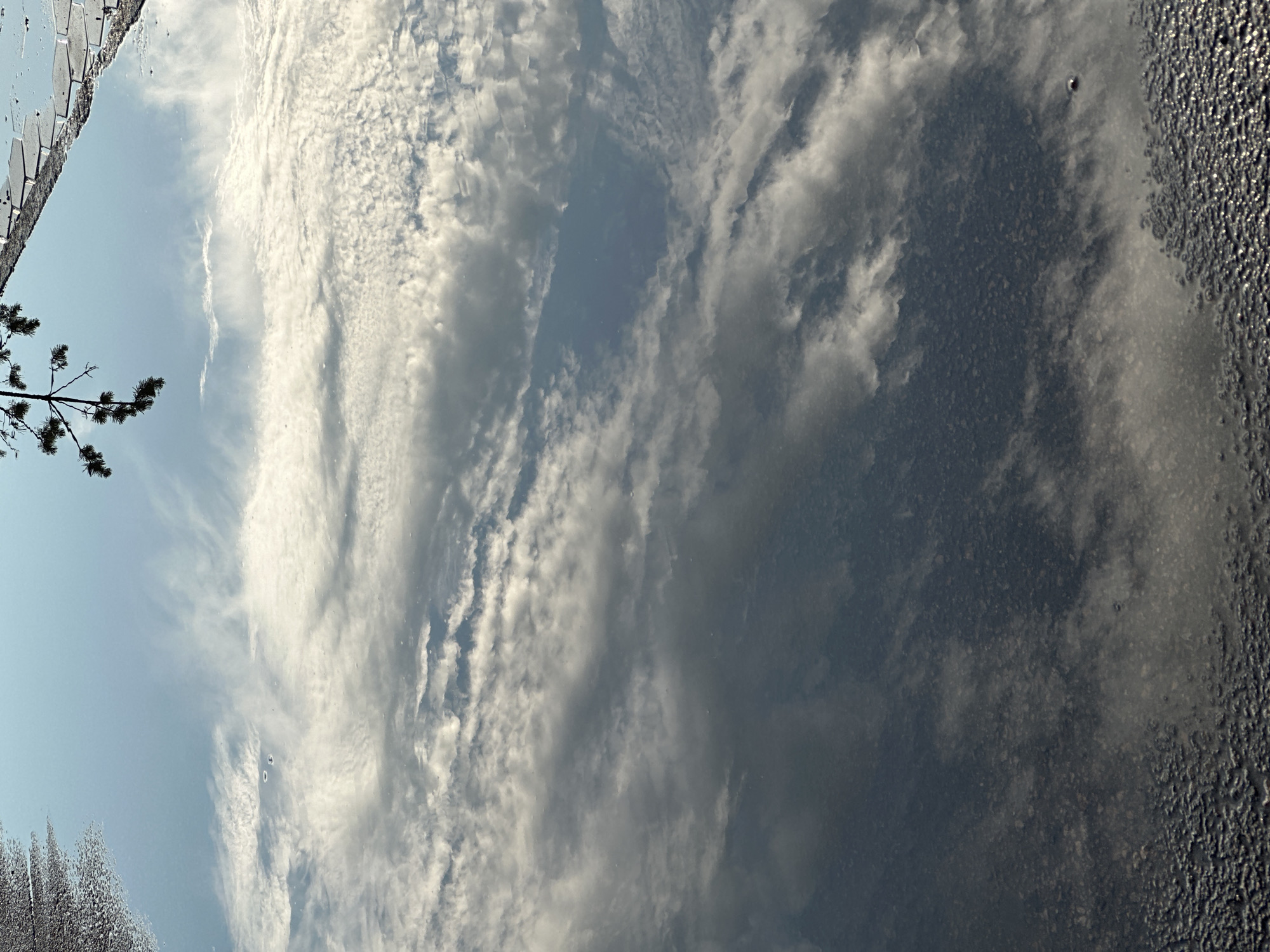 This media file is a photograph with a vertical orientation, capturing a scene that appears to be a reflection in a puddle or a body of water. The top portion of the image shows a textured, dark surface with what looks like frozen water droplets, possibly indicating a cold or damp environment. A few small, circular reflections are visible on this surface.
The main subject of the photograph is the sky, which is filled with a variety of clouds. There are wispy, feathery cirrus clouds stretching across the lighter blue sky, interspersed with more textured, cumulus-like formations that appear denser and grayer, suggesting movement and depth. The contrast between the bright white and darker gray clouds creates a dynamic and somewhat dramatic sky.
On the left side of the image, a thin tree branch with sparse needles extends into the frame from the top left corner. This suggests the presence of trees or vegetation near the water.
The overall impression is of a slightly overcast day with a mix of sun and clouds, possibly in the morning or late afternoon given the quality of light. The setting appears to be outdoors, near a body of water, and potentially in a natural or semi-natural environment. The image evokes a sense of tranquility and contemplation, with the reflection adding an ethereal quality to the scene. No text is visible in the image. The location context of Kokshetau, Kazakhstan, further suggests a potentially cool climate.