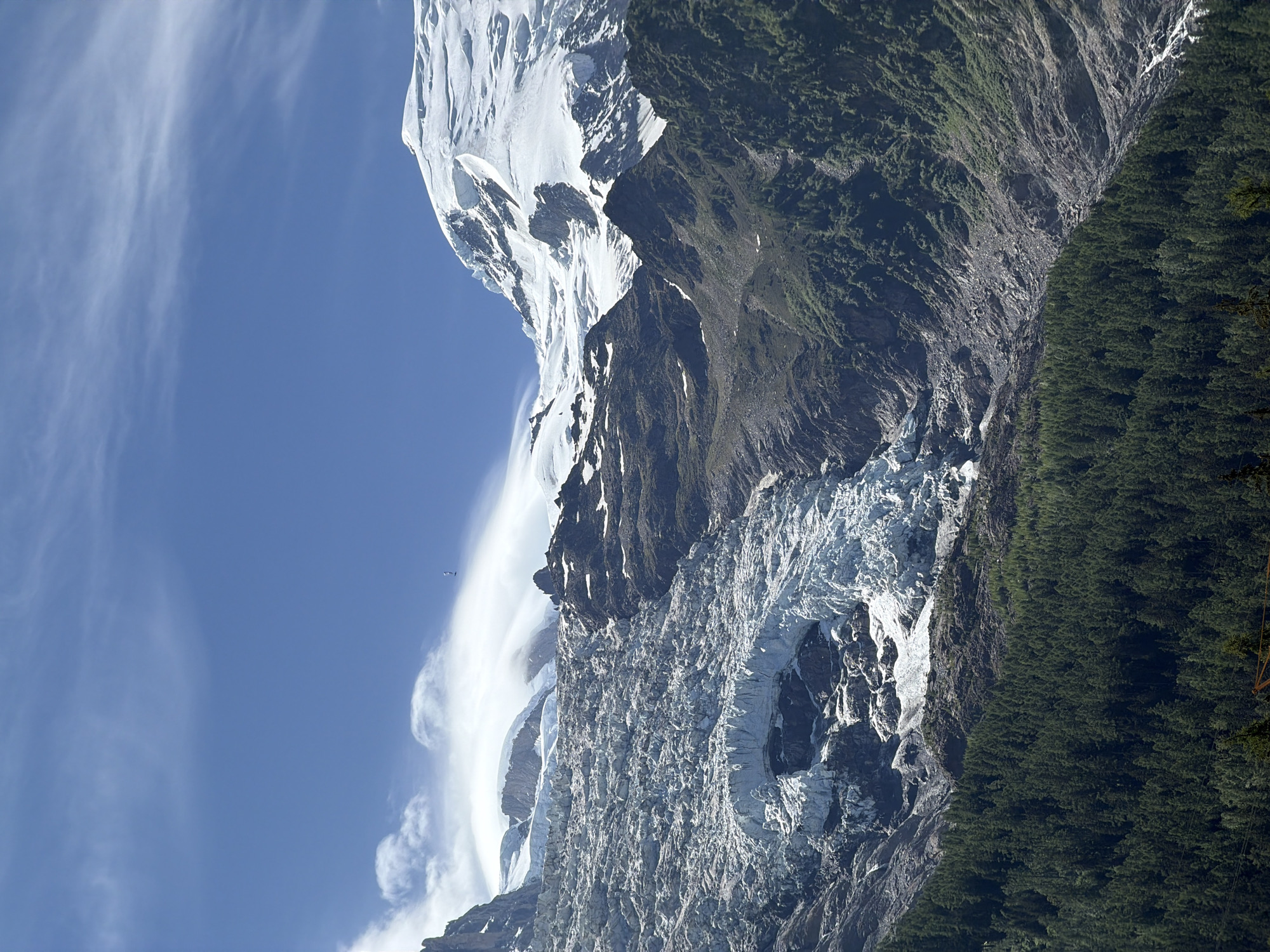 The image depicts a vast mountain landscape with a prominent glacier in the foreground, likely part of the Mont Blanc massif near Chamonix-Mont-Blanc, France. The glacier, characterized by its rugged, icy surface with visible crevasses and seracs, descends from the snow-capped peaks above. Dark, rocky slopes with sparse vegetation and scree fields flank the glacier. In the distance, the summit of a snow-covered mountain is visible, its peak partially obscured by wispy clouds. The sky is a clear blue, with scattered white clouds drifting across. A dense, dark green coniferous forest covers the lower slopes of the mountains, leading down to the bottom of the frame. A tiny white speck, possibly a paraglider or drone, is visible in the upper right quadrant of the sky, high above the mountains. The overall scene conveys a sense of grandeur and the raw beauty of a high-altitude alpine environment.