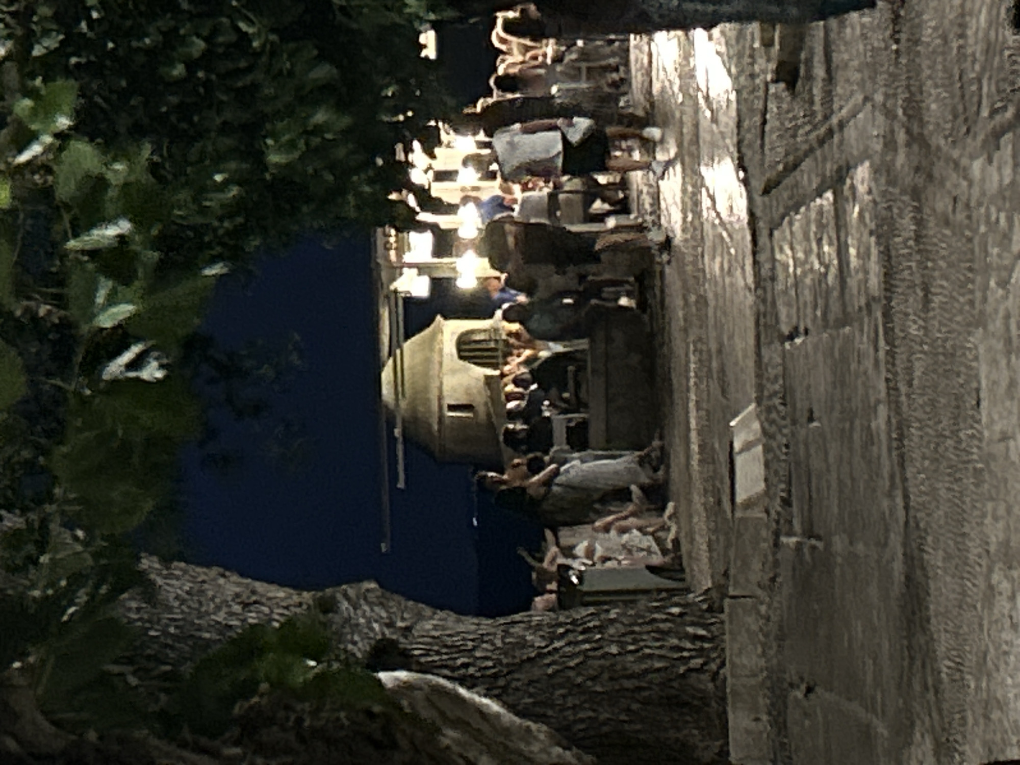 This image depicts an outdoor gathering at night, likely in a public square or promenade in Peníscola, Spain, given the architectural style visible in the background which resembles that of the city. In the foreground, a large tree trunk dominates the left side of the frame, with its textured bark illuminated by artificial light. The ground appears to be paved with irregular stones, with some areas reflecting light, suggesting a wet surface.
In the mid-ground, a group of people are seated at tables, seemingly at an outdoor restaurant or cafe. The lighting is warm and ambient, emanating from overhead fixtures. A distinctive round structure with a domed roof and arched windows is visible behind the seated patrons, adding to the Mediterranean ambiance.
Further back, more people are standing and mingling, with silhouettes of individuals and groups visible against the illuminated background. A few individuals are walking through the scene. The overall atmosphere suggests a lively evening social event. The background fades into darkness, with distant lights hinting at a wider urban landscape or coastline.