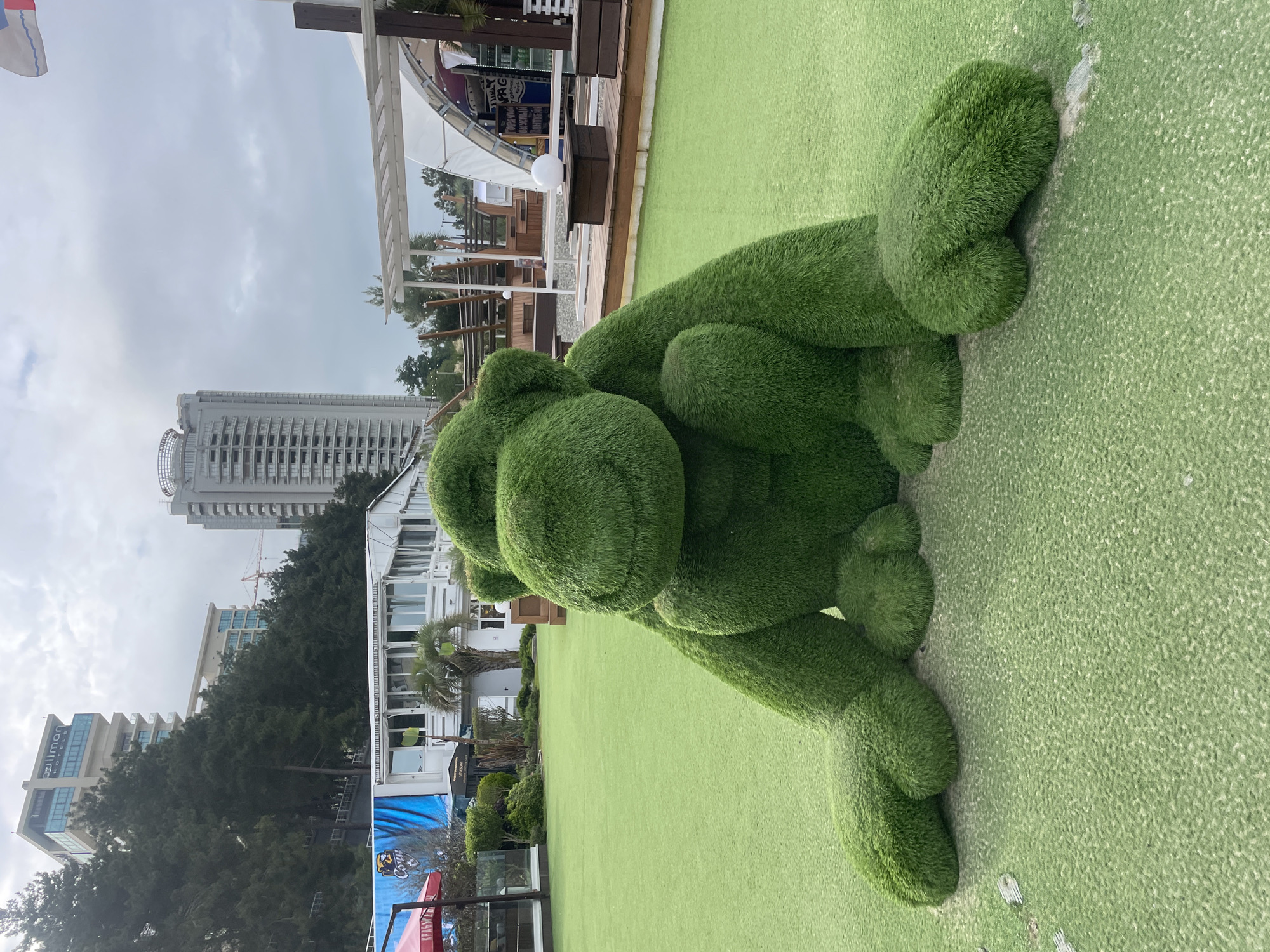 A large, green, grassy topiary resembling a dog, specifically a cartoon-like Snoopy, reclines on a green turf surface. In the background, various structures are visible: a wooden deck-like area with white railings, modern buildings including one with a significant number of windows, and lush green trees. A crane is visible near a taller, white building. Signage is present, but the details are not discernible. The overall scene appears to be an outdoor leisure space in a city, characterized by a whimsical, landscaped decoration. The location is identified as Sochi, Russia, based on signage indicating Pullman Hotels and Coast Rica Cafe.