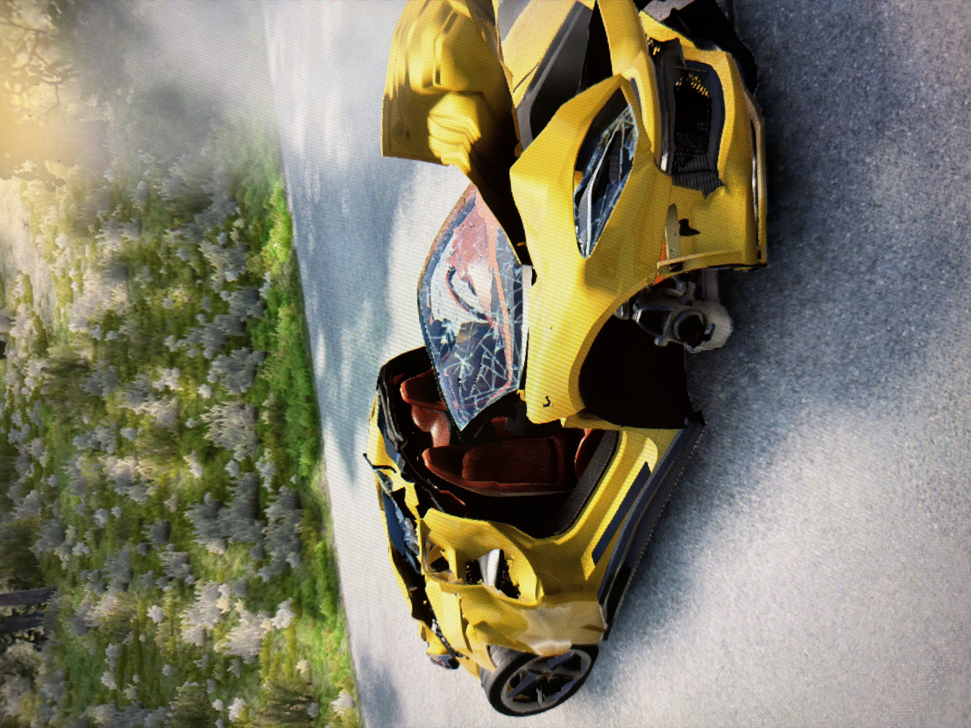A heavily damaged yellow sports car, resembling a Chevrolet Camaro or similar model often associated with Bumblebee from Transformers, is depicted in what appears to be the aftermath of a severe crash. The vehicle is positioned on a paved surface, likely a road, with its front and side showing extensive damage. The car's yellow bodywork is crumpled and torn, revealing internal components and black structural elements. The windshield is shattered, with visible cracks and shards. The hood appears dislodged or extensively damaged, and the red interior seats are partially visible through the ruined roof and window areas. One of the front wheels is also visible, indicating the car is still on its wheels despite the impact.
To the left of the car, lush green and white foliage, possibly bushes or wildflowers, extends into the background. Behind the vegetation, trees are faintly visible, and a bright light source, likely the sun, casts a warm glow and creates a hazy, slightly foggy atmosphere in the upper left corner. The setting suggests an outdoor, possibly rural or forested, environment. The overall impression is one of significant destruction and the immediate aftermath of a violent impact. No people are visible in the scene, nor is any text discernable on the vehicle or in the surroundings. The lighting indicates it is daytime, possibly morning or late afternoon given the soft, bright sun.