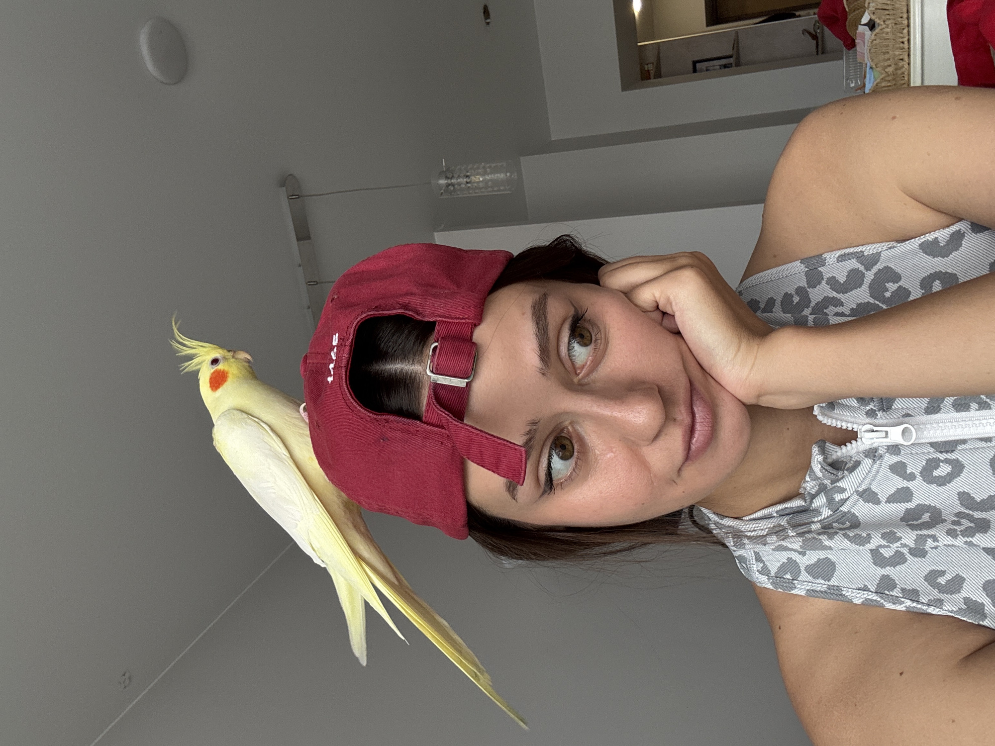 A cockatiel with yellow plumage and an orange cheek patch rests on the burgundy baseball cap of a young woman. The woman has dark hair and is wearing a grey leopard-print top with a zippered neckline. She is looking to her right, with her hand resting on her chin. The background is a plain grey wall and ceiling, with a light fixture visible. There is no indication of the location being in Krasnoyarsk, Russia.