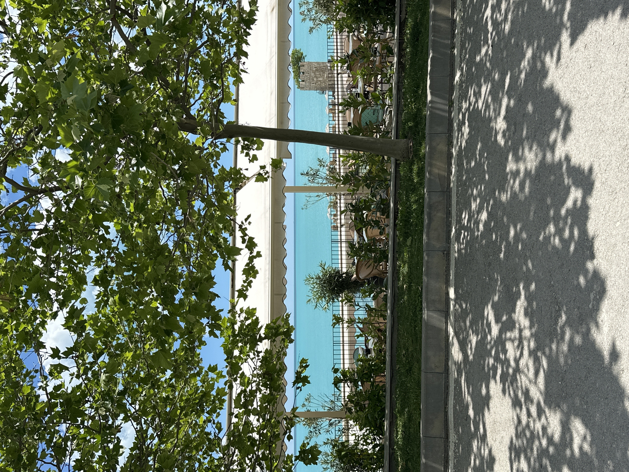Captured from an elevated perspective, the photograph presents a seaside scene in Varna, Bulgaria. To the left, a tree with dense, green foliage fills the frame, partly obscuring a view of the blue sea beyond. White awnings line the seafront, suggestive of cafes or restaurants. Behind the awnings, a historic stone tower rises from the water. A wrought iron fence runs parallel to the sea. A paved walkway occupies the right side of the image, dappled with the shadows of trees.