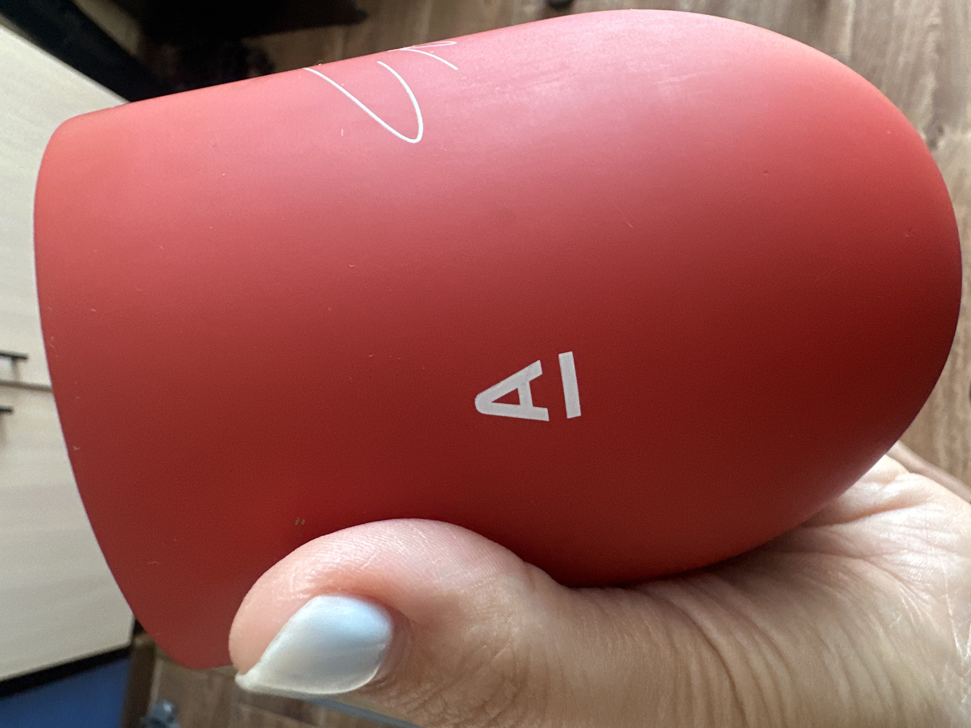 A person's hand with a light blue fingernail is holding a matte red cylindrical object. The object has a white symbol on it that appears to be an "A" with a horizontal line underneath it. There are also some faint white curved lines on the object. The background is out of focus and appears to be a wooden surface and some cabinetry. The image does not contain enough information to determine its location in Novoaltaysk, Russia.