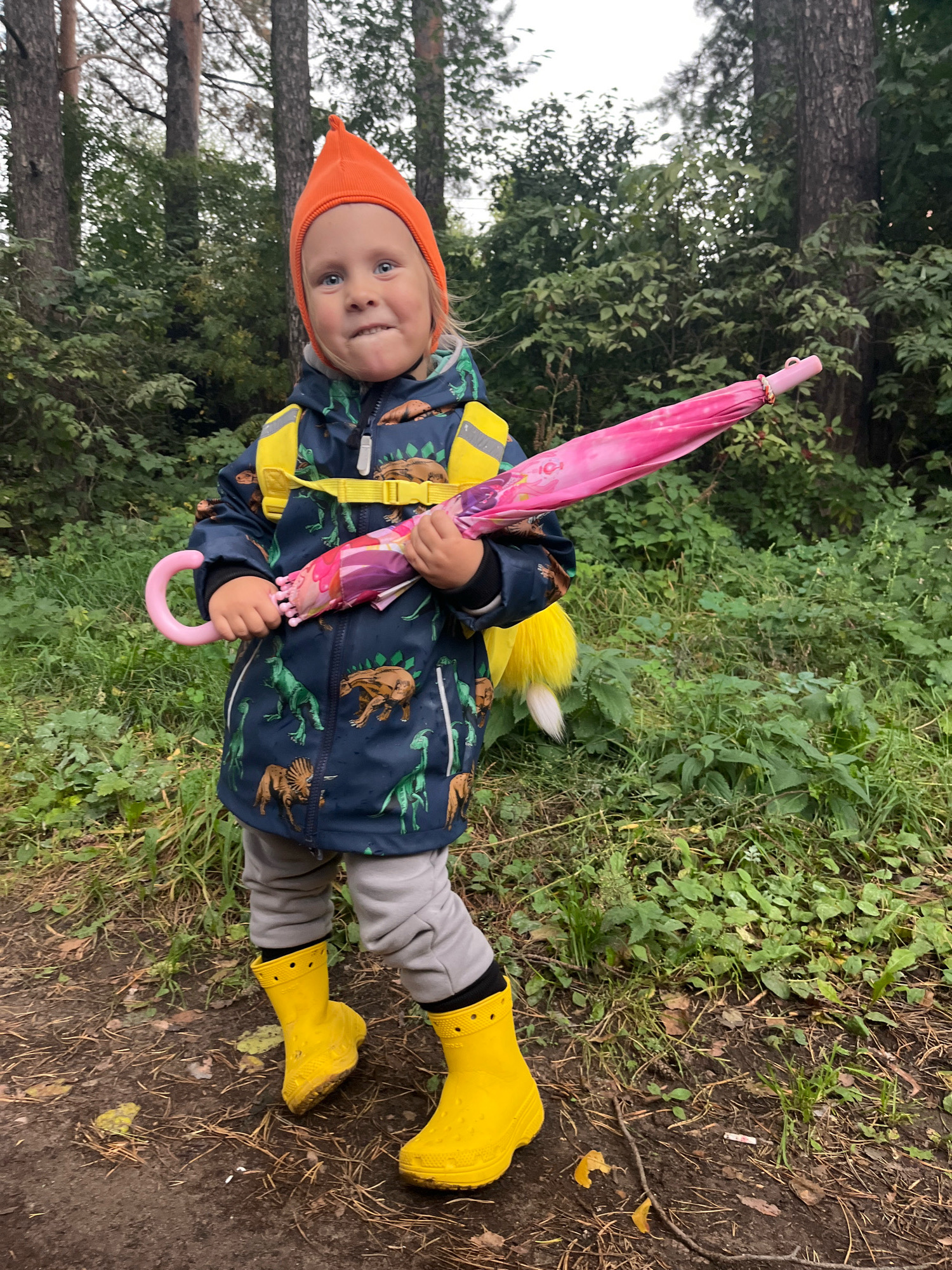 A young child, approximately 3-4 years old, stands on a dirt path in a wooded area. The child is wearing an orange beanie, a dark blue jacket with a dinosaur print and yellow accents, grey pants, and bright yellow rubber boots. The child is holding a closed pink umbrella with a loop handle. The background consists of dense green foliage and trees, typical of a forest or park setting. The lighting suggests an overcast day. No specific city landmarks are visible, and therefore the location in Chaikovsky, Russia, cannot be confirmed from the image itself.