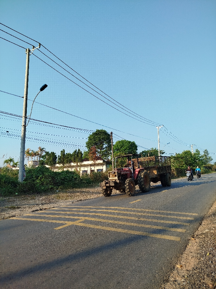 The image depicts a rural or semi-rural road scene in Đăk Xú, Vietnam, under a clear blue sky. A red, open-cabin tractor with a loaded, wooden-sided trailer is traveling from left to right on the asphalt road, positioned near the center-left. The trailer appears to contain dark material or soil. Two motorcycles are visible behind the tractor, traveling in the same direction on the right side of the road. The lead motorcycle is white, ridden by a single individual, followed by a darker motorcycle also ridden by one person.
The road features several sets of parallel yellow lines, possibly indicating speed bumps or rumble strips, extending across the lane where the tractor is located. Shadows are cast across the road surface. To the left of the road, a concrete utility pole with a street lamp and multiple overhead power lines stands prominently. Dense green foliage and trees line both sides of the road, with a white building partially visible behind the vegetation in the mid-ground on the left. Another utility pole with lines is visible further down the road on the right. The overall lighting suggests a bright, sunny day.