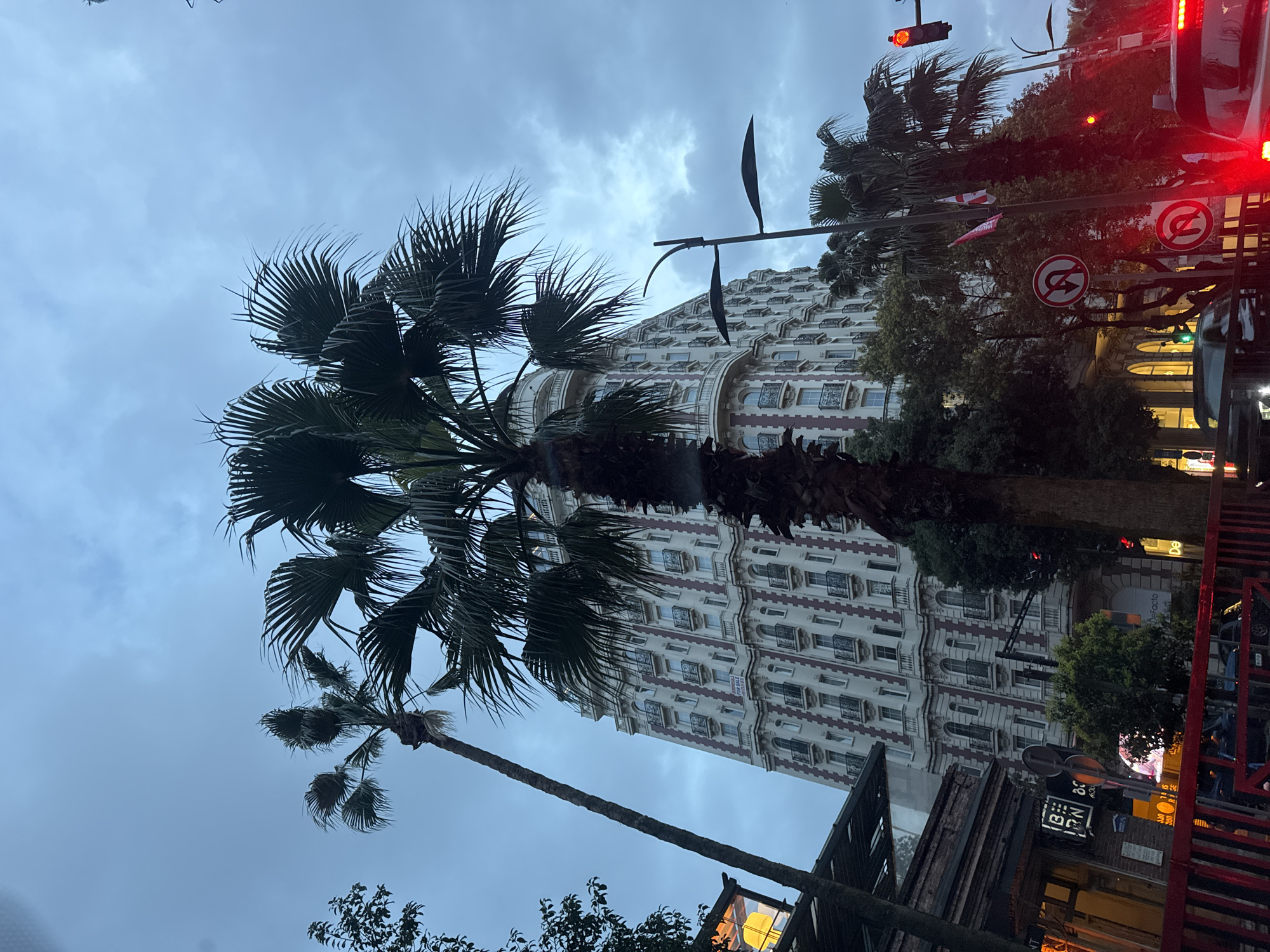 The image shows a palm tree in the foreground, with a tall, white building in the background. The building has multiple floors and windows, and is framed by the palm tree and other trees. There are street signs and traffic lights visible, and the sky is overcast. The building is a hotel, with ornate balconies. There appears to be a storefront in front of the hotel.