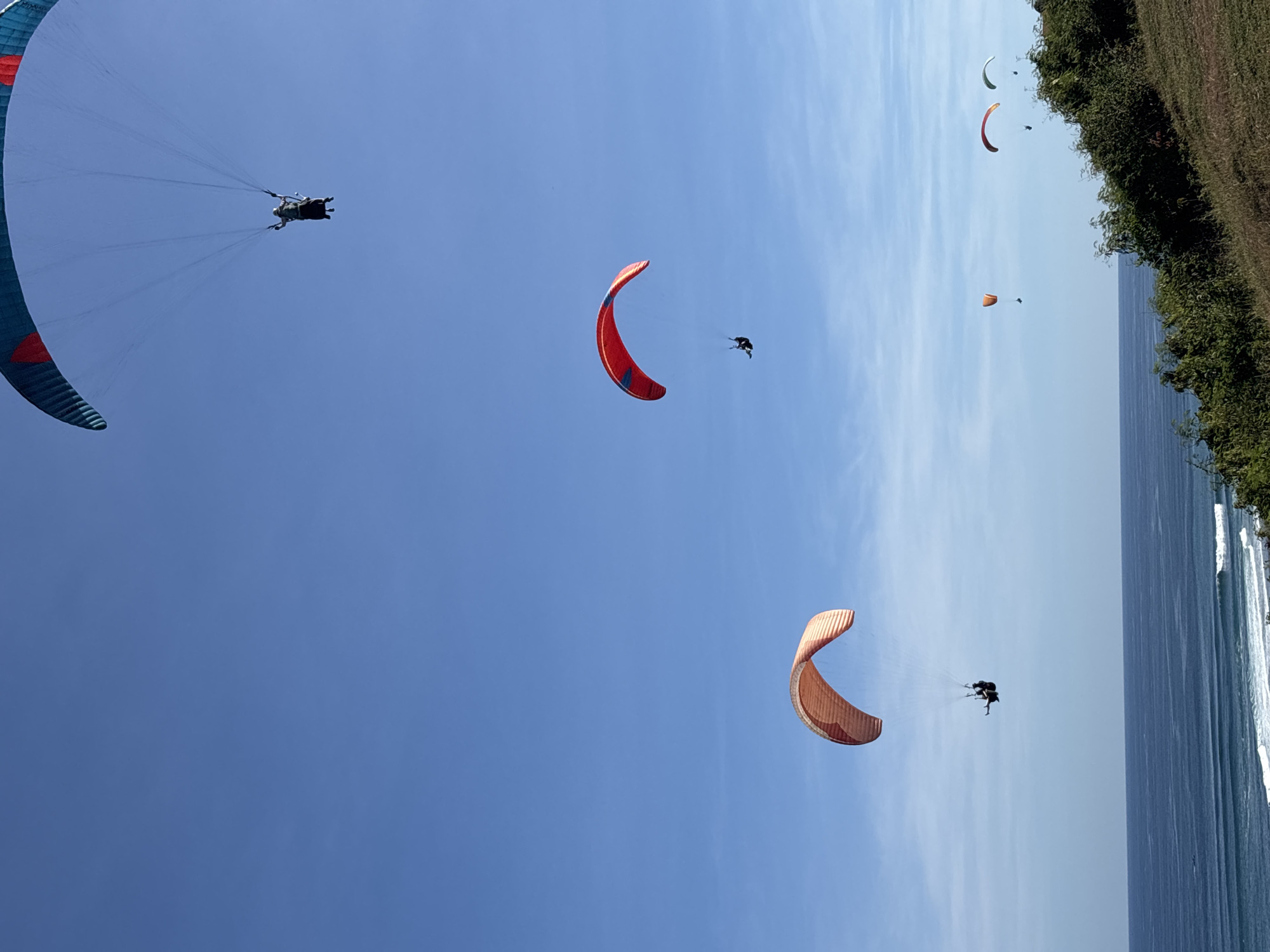 The image shows several paragliders in the sky above Kuta Selatan, Indonesia. The paragliders have different colored canopies including red, orange, and blue. They are spread across the blue sky, with one being closer to the foreground on the left. In the upper right, there's a coastal area with green vegetation and the ocean. The sea is visible as a horizontal strip towards the right edge of the image.