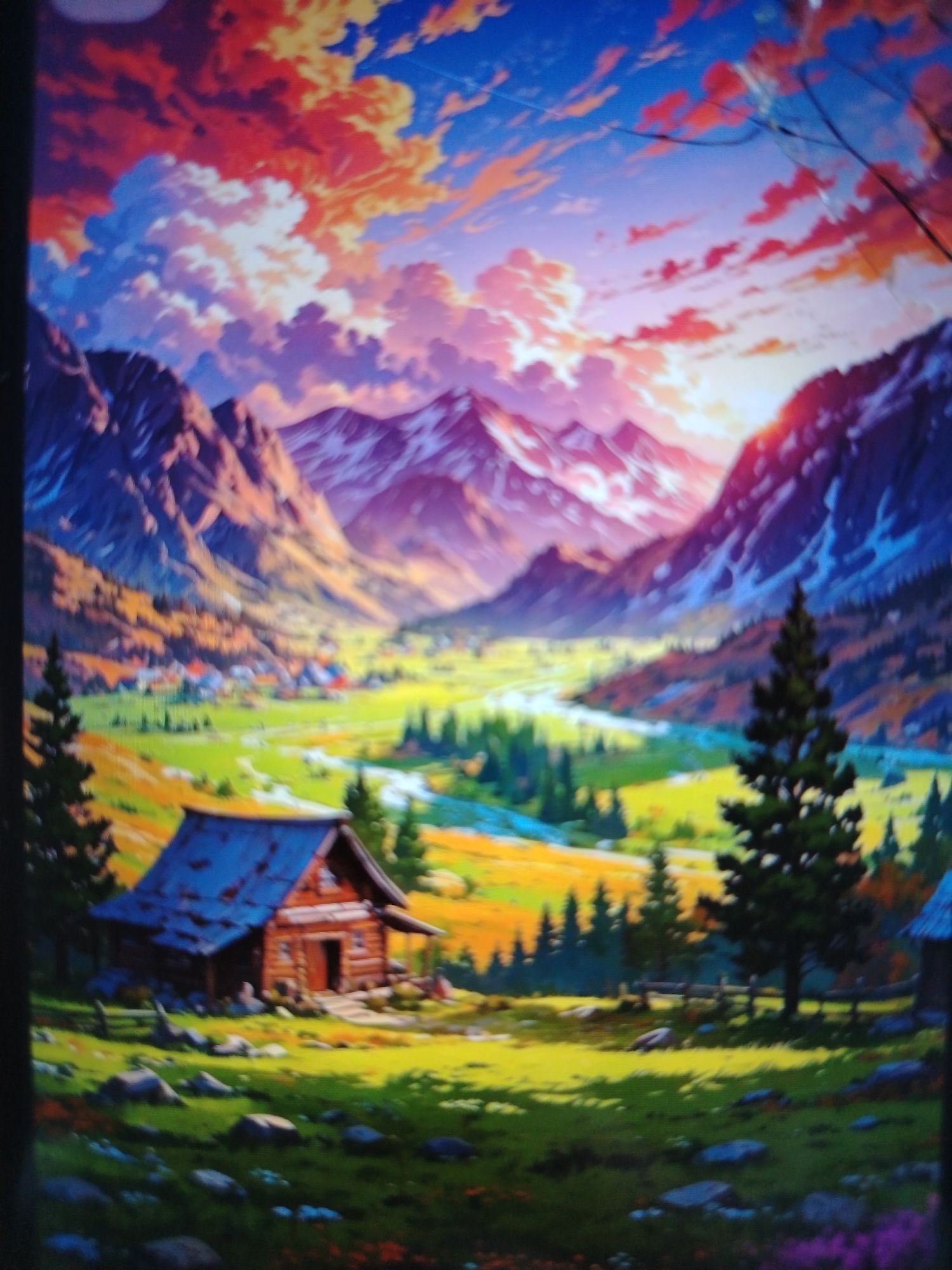 This is a digital painting depicting a vibrant, stylized mountain landscape. In the foreground, a rustic wooden cabin with a blue roof sits on a grassy slope dotted with rocks and small trees. Beyond the cabin, a verdant valley stretches out, featuring a winding river and a cluster of small buildings that suggest a village. The background is dominated by towering, majestic mountains rendered in shades of purple and pink. The sky is a dramatic spectacle of clouds painted in vivid oranges, reds, and blues, indicative of a sunset or sunrise. The overall impression is one of a serene, picturesque, and somewhat idealized natural setting. There is no indication of the city of Qorowul, Uzbekistan, in this image.