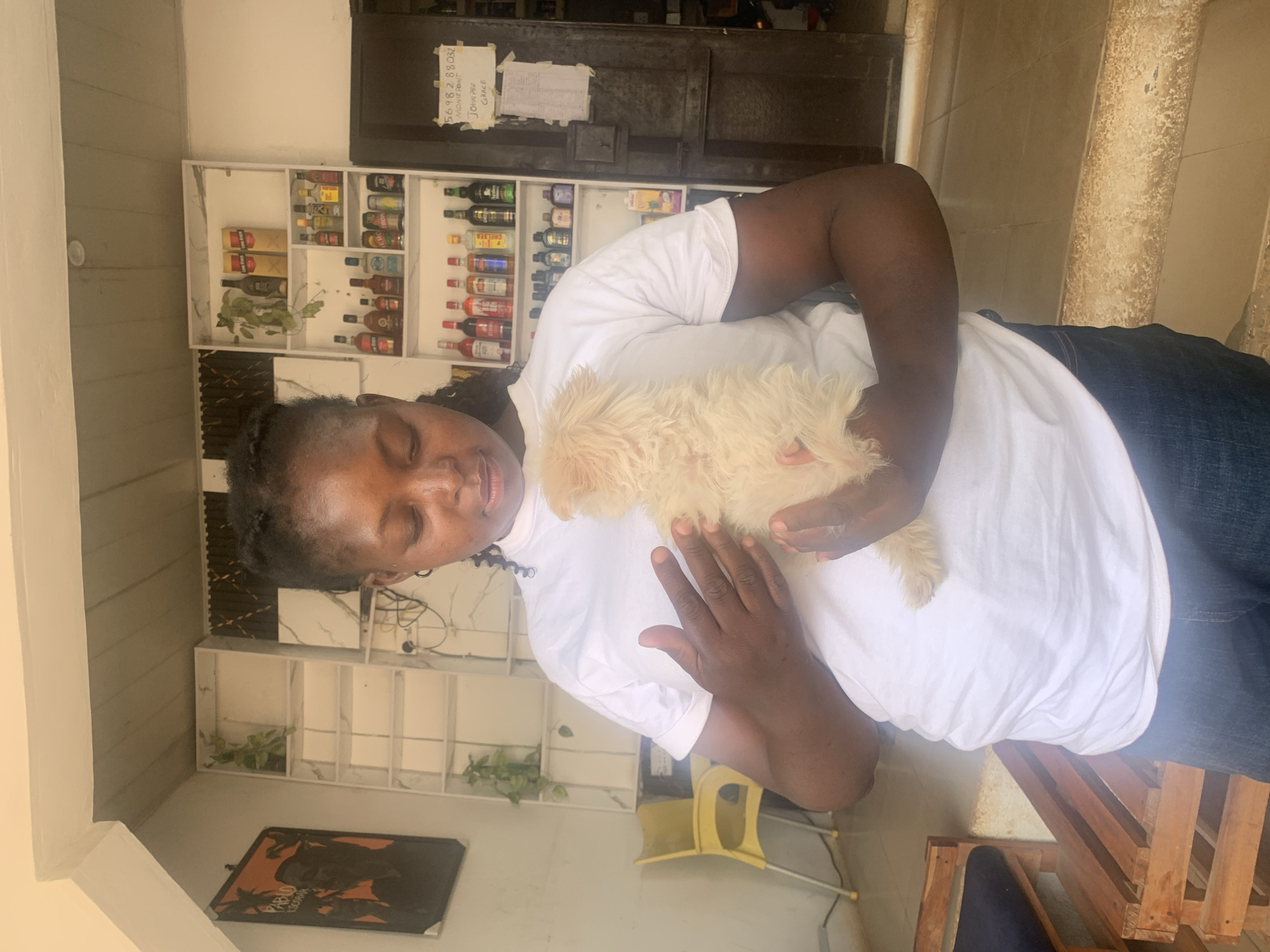 A person is holding a small, fluffy, light-colored dog. The person is wearing a white t-shirt and blue jeans. Behind them is a shelf with bottles, possibly alcohol. There's another shelf with plants and what appears to be a poster or sign on the wall. The location is Barakin Akawo, Nigeria. The person appears to be cradling the dog gently.