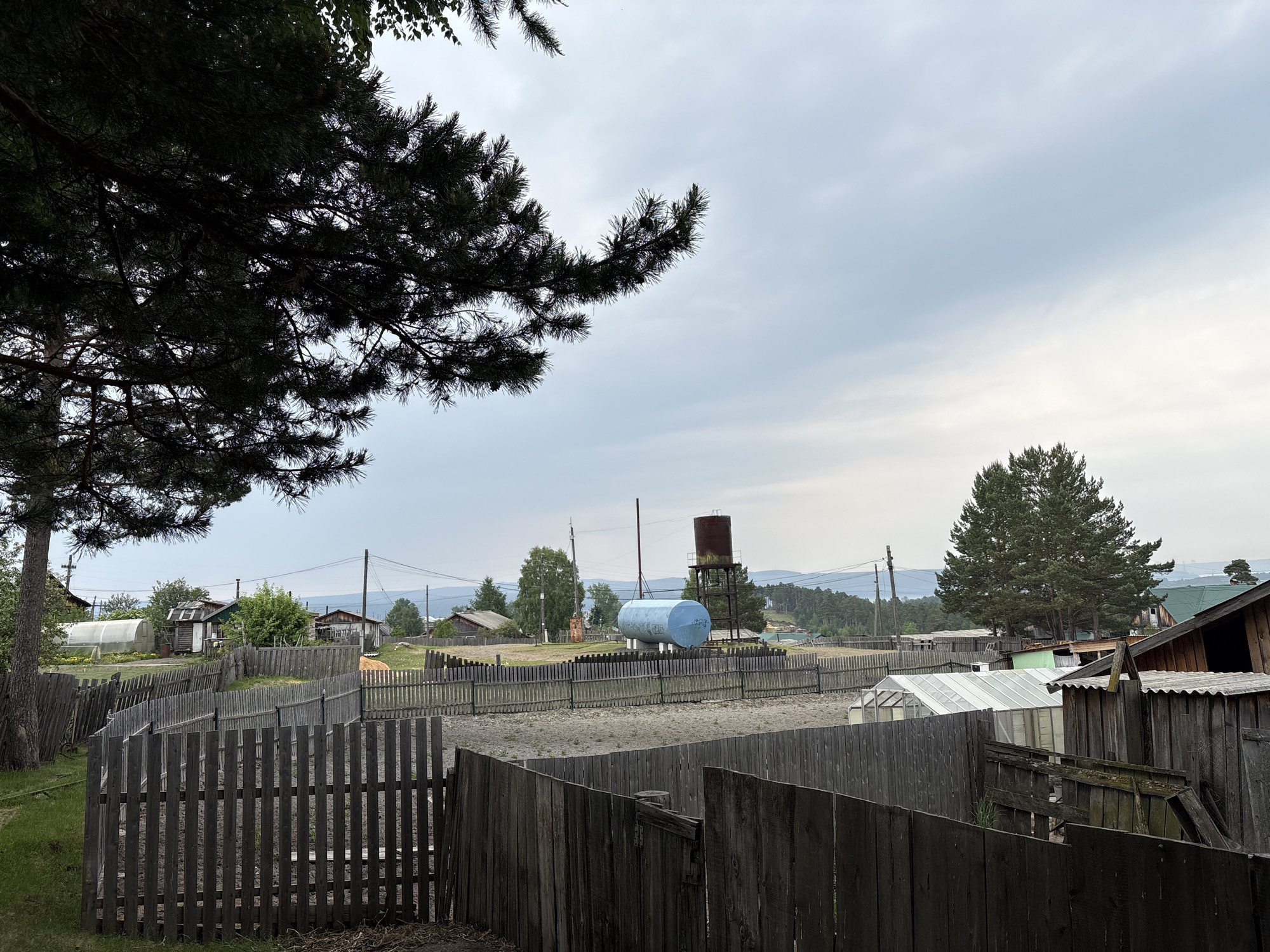 The image depicts a rural scene in the village of Nevon, Russia. In the foreground, a weathered wooden fence runs horizontally across the frame, with another fence line extending further into the distance. Behind the fences, a dusty, open area is visible. A large, light blue cylindrical tank is mounted on a metal structure in the middle ground, accompanied by a smaller, rusty water tower. Several wooden buildings, some with visible greenhouses, are scattered throughout the landscape. Power lines and utility poles are present. In the background, rolling hills and a treeline can be seen under an overcast sky. A large pine tree branch with needles and cones overhangs the top left portion of the image. The overall impression is one of a quiet, somewhat aged rural settlement.