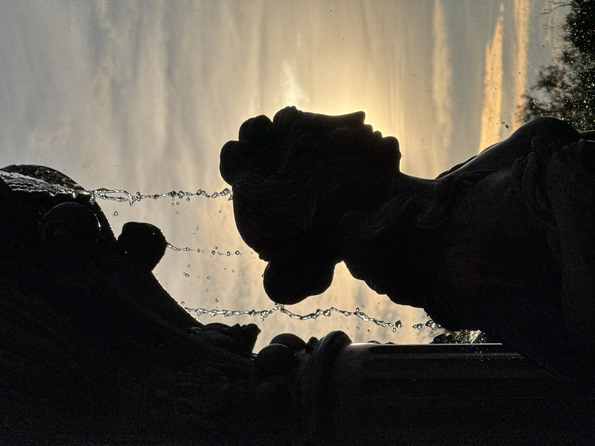 A vertical photograph captures the silhouette of a classical-style female statue, identified as part of the Fountain of the Nymph and Swans in Gorky Park, Minsk, Belarus, against a backlit sunset sky. The statue, rendered in deep shadow, is depicted from the chest up in profile, facing right, with an ornate updo hairstyle and distinct facial features. Water streams downwards from an unseen upper section of the fountain structure, creating multiple cascades and individual droplets that are illuminated by the warm light from behind. The background sky displays a clear gradient, transitioning from a golden-orange glow near the horizon to a cooler grey-blue above, with scattered, soft clouds. Dark, out-of-focus foliage is faintly visible along the bottom right edge of the frame. The primary light source is positioned behind the fountain, creating a dramatic silhouette effect.