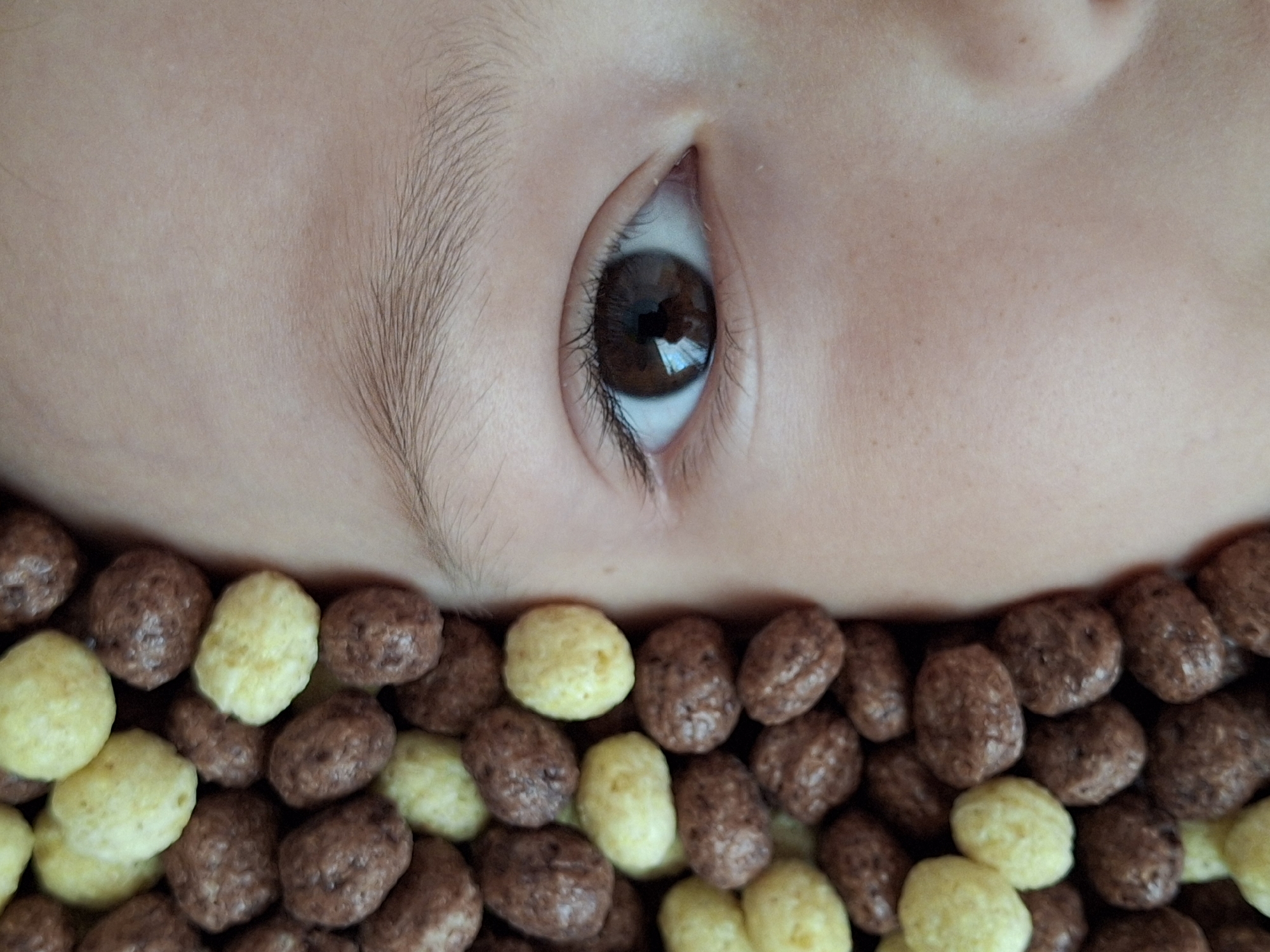 A close-up, upside-down perspective features a person's eye and forehead, with what appears to be a necklace or bordering arrangement of cereal spheres in the foreground. The eye is open, showing a brown iris. The surrounding skin appears smooth, with fine eyebrow hairs visible. The cereal spheres are primarily brown, with scattered yellow ones. The setting or specific location is not discernible from the image.