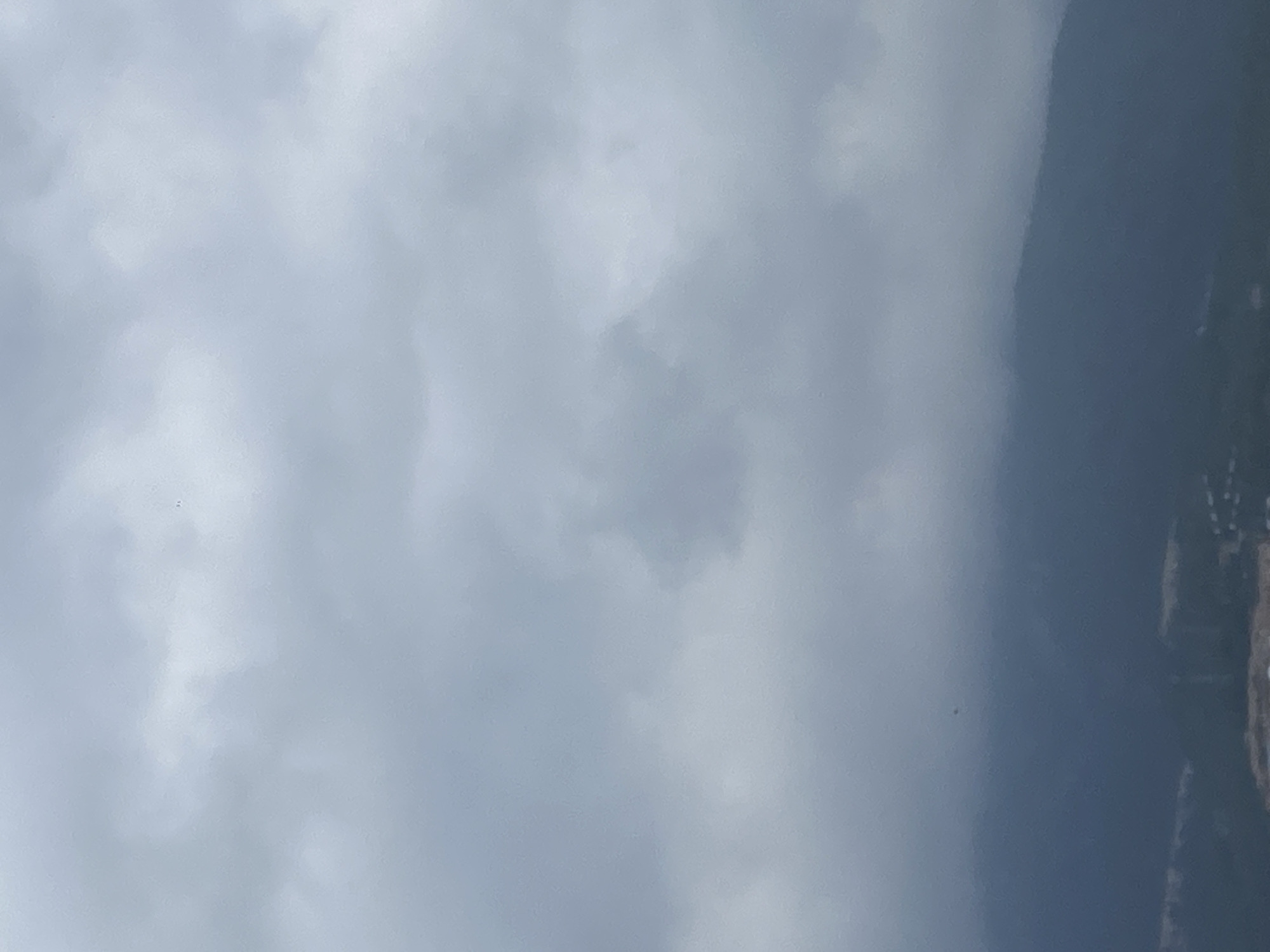 The image, presented in a vertical orientation, captures a natural scene dominated by an expansive, overcast sky. If viewed horizontally (rotated 90 degrees counter-clockwise), the sky occupies the upper and central portions, filled with soft, diffused, greyish-white clouds. These clouds appear dense, suggesting an overcast day with muted light or atmospheric haze.
On the right side of the vertically presented image (or the lower-right section if rotated horizontally), a dark, indistinct landmass rises. This feature, likely a mountain or a significant hill, appears as a silhouette or is partially obscured by the atmospheric conditions. Details on the landmass are very subtle and blurred, with only faint variations in tone hinting at terrain features or distant elements.
There are no discernible people, specific objects, or ongoing activities visible in the scene. The overall impression is one of a calm, somewhat somber or hazy natural landscape. The time of day is not clearly identifiable due to the uniform cloud cover, but the lighting suggests daytime. No text is visible in the image. Given the context of Alanya, Turkey, the dark landmass is consistent with the mountainous coastal topography prevalent in the region.