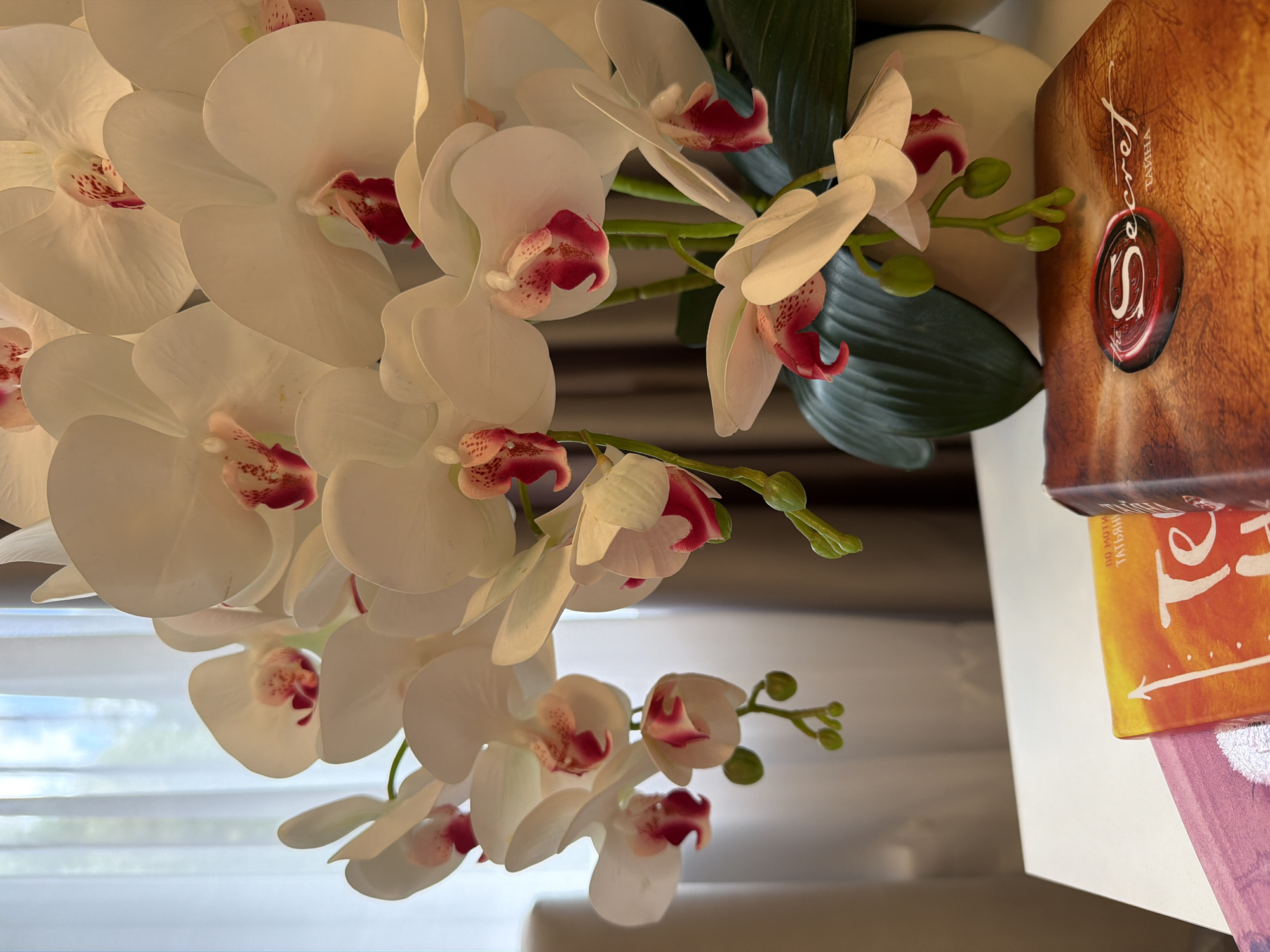 The image depicts a close-up of a bouquet of white orchids with pink centers, arranged in a white vase. In the foreground, on a white surface, are three books. The leftmost book is pink, the middle book is orange with the word "Те" visible and some Russian text, and the rightmost book has a textured brown cover with a red wax seal imprint and the word "Secret" and Russian text. The background consists of sheer curtains, suggesting an indoor setting, possibly a home or office. The lighting appears to be natural, coming from a window. There are no people or animals present. The scene is static and composed. This image was taken on May 23, 2024, at 10:44 AM in Kazan, Russia.