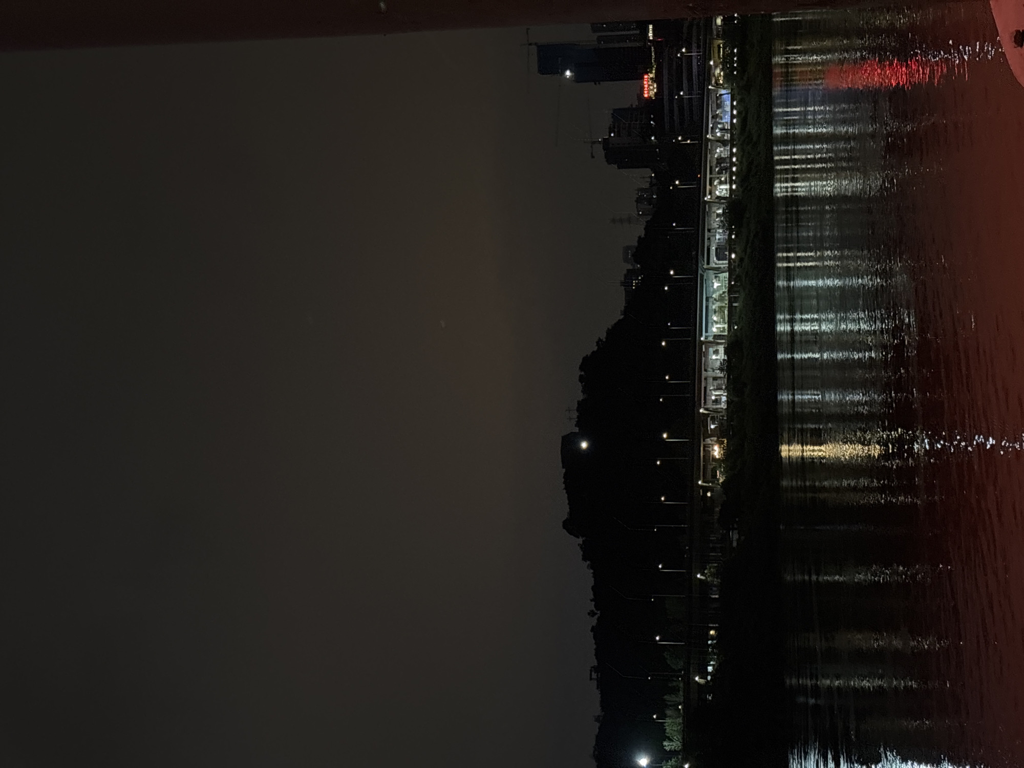 The image shows a nighttime view of Shapingba District, China. The scene captures a waterfront area with city lights reflected in the water. Silhouetted buildings and trees are visible against a dark sky. Streetlights illuminate the promenade, and their reflections create streaks in the water. A reddish-brown object is in the foreground.