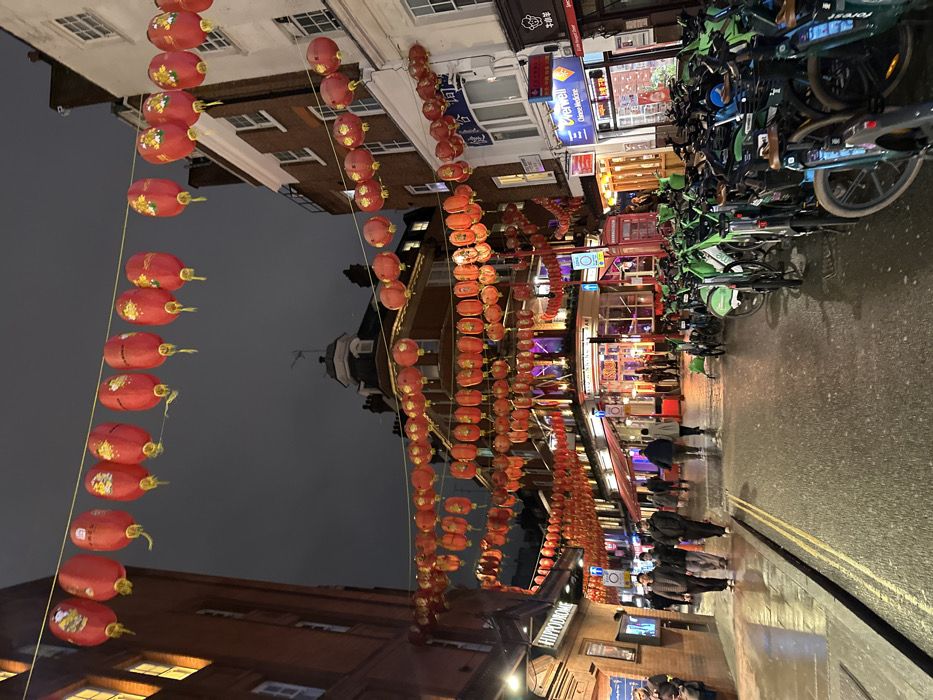 Chinatown street scene at night. Red lanterns strung above the street. People walking on the wet street. Bicycles parked along one side of the street. Buildings line both sides of the street. Streetlights illuminate the area. Some signs are visible. The sky is dark and overcast.