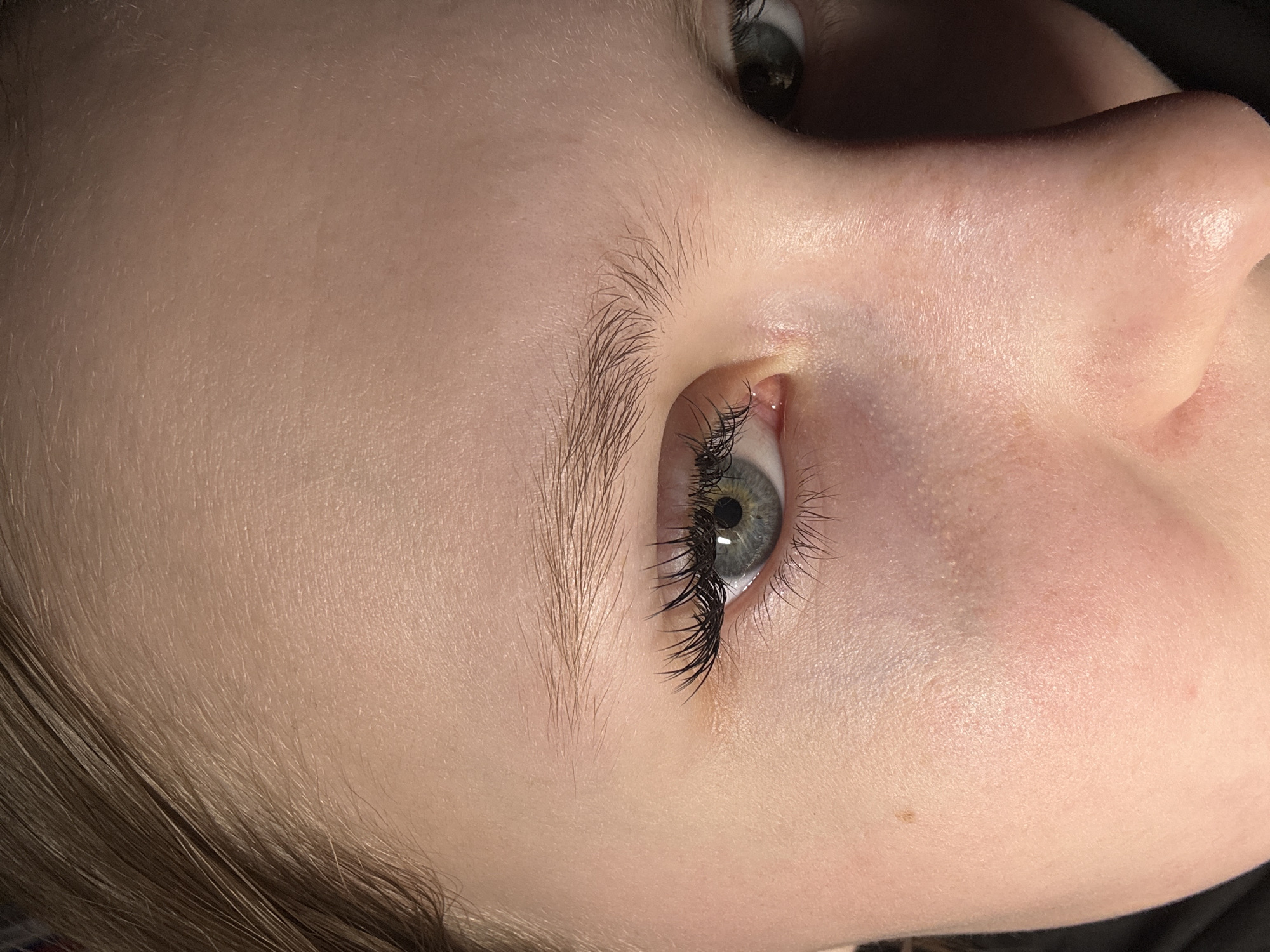 A close-up, high-angle, vertical shot captures the right side of a person's face, focusing on their open eye, eyebrow, and surrounding skin. The subject is a young individual with fair skin and light brown or blonde hair, partially visible at the edges. Their eye features a blue-grey iris, with the pupil clearly visible, suggesting they are looking slightly upwards.
The most notable feature is the subject's eyelashes, which are dark, long, and distinctly curled upwards, indicating a potential eyelash enhancement procedure such as extensions or a lift. The natural eyebrow above the eye is light in color and appears untamed. The skin on the forehead, cheek, and nose shows natural texture and minor pores, with a slight flush visible on the cheek and a small mole on the lower cheek. The lighting is bright and even, highlighting the skin's texture and individual hair strands.
No specific activity is depicted other than posing for this detailed photograph, likely to showcase the treated eyelashes. There are no visible cues to the time of day, weather, or specific emotions. No text is visible in the image. The location context provided is Chaikovsky, Russia, though no specific geographical identifiers are present in the image itself.