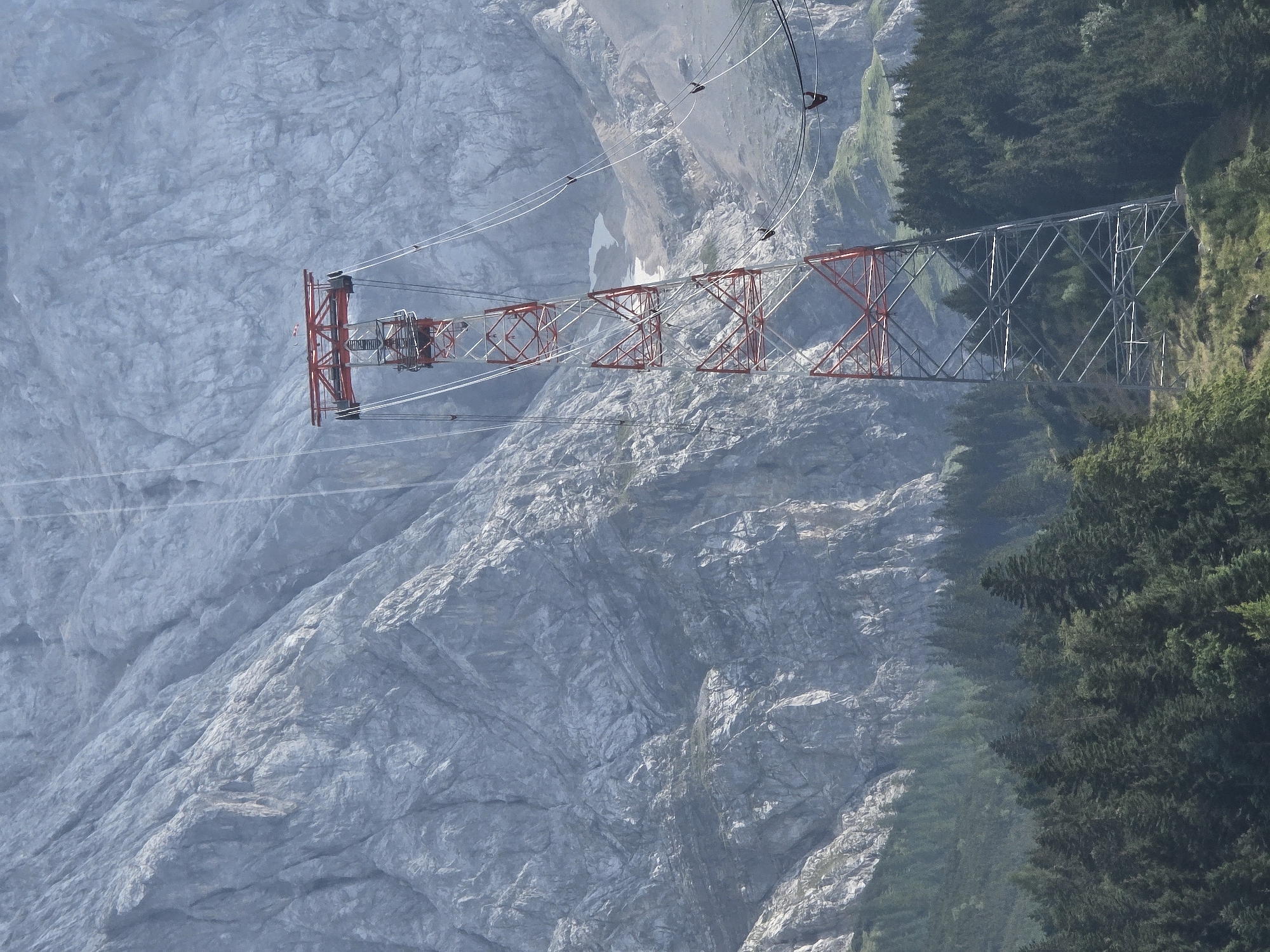 In Grainau, Germany, a tall, red and silver lattice tower stands in front of a steep, rocky mountain face. The tower supports numerous cables, indicating it is part of a cable car system. Below the tower, a dense forest of dark green coniferous trees covers the lower slopes of the mountain. The sky is overcast, and the overall scene depicts a mountainous, forested landscape with infrastructure for aerial transportation.