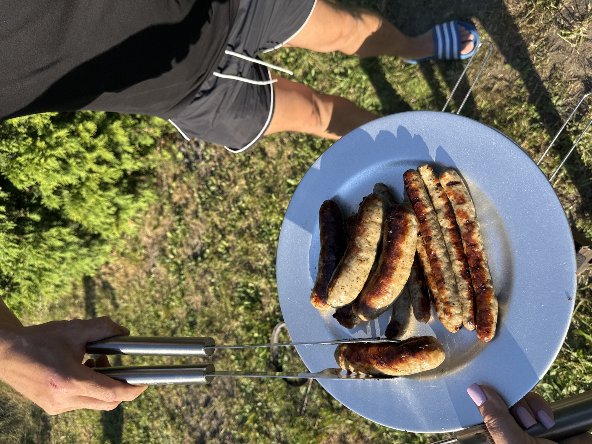 In the city of Katowice, Poland, on a sunny day, a person is holding a pair of stainless steel barbecue tongs, with which they are lifting a cooked sausage from a metal plate. The plate contains several browned sausages, piled atop one another. The plate is resting on a barbecue grill. The background consists of green grass and a dense green shrub. Another person, wearing black athletic shorts with white trim and blue and white striped slides, stands to the right of the frame. The scene is outdoors, suggesting a backyard or park setting.