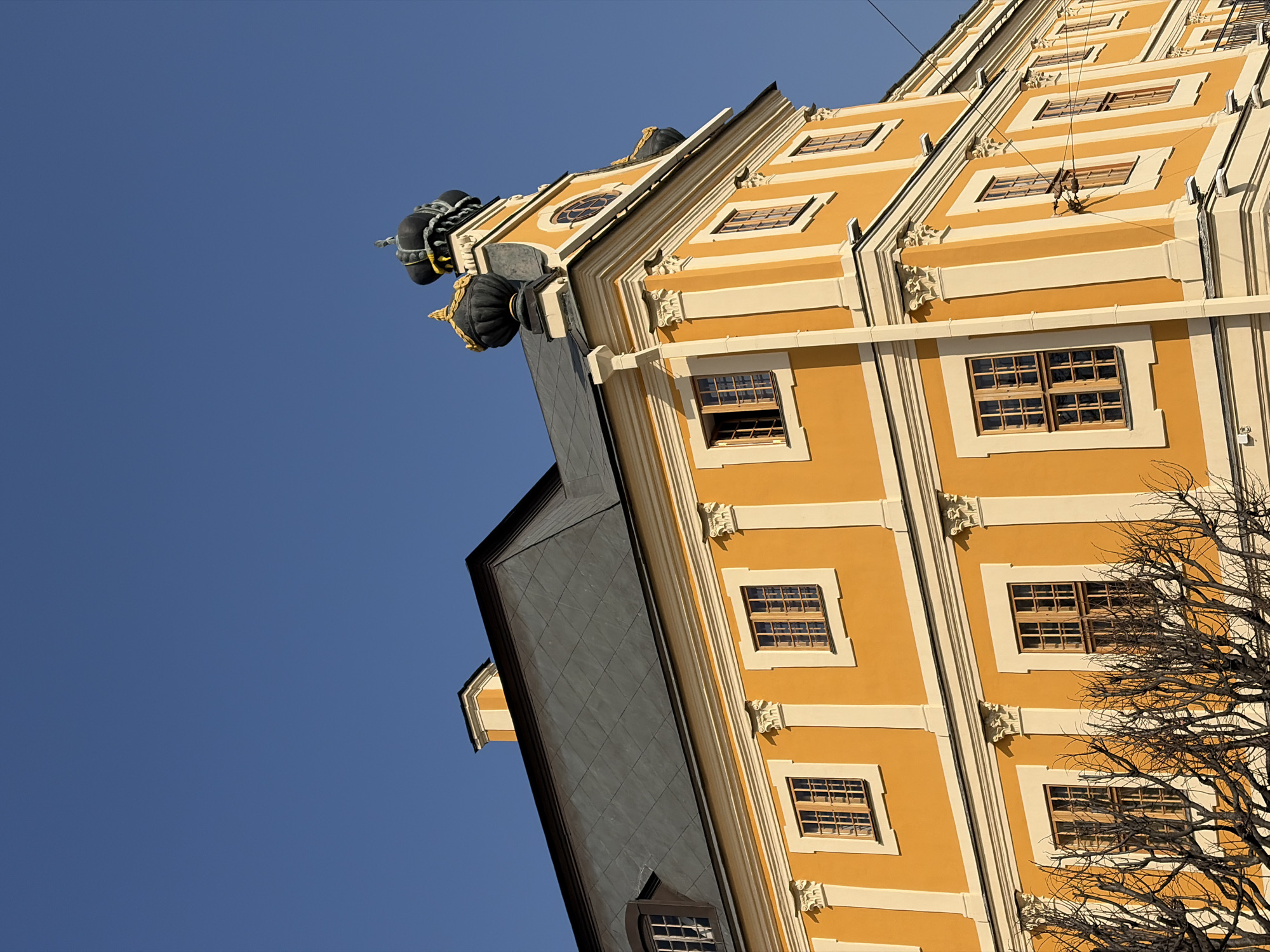 A low-angle, upward-tilted shot presents a building, possibly a palace, in Saint Petersburg, Russia. The architectural style suggests Baroque or Rococo influences. The building is primarily yellow, segmented by white borders and columns. The visible facade contains numerous windows with grid patterns. To the left of the frame is a steeply sloped, gray roof structure, possibly the roof of the main tower. Above the roof, two ornamental structures resembling large black spheres with gilded details crown the building. In the bottom right corner, the bare branches of a tree extend, obscuring some of the lower windows. The sky is a clear, bright blue.
