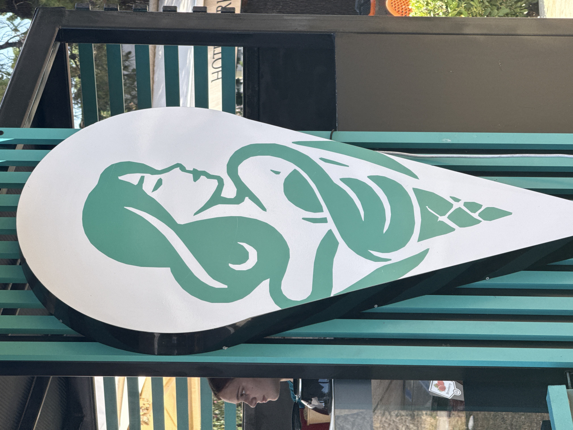 This is a medium shot, outdoor, eye-level photograph taken in Budva, Montenegro. The image captures a partial view of a kiosk or stand with a large, green and white logo prominently displayed. The logo is an abstract depiction of a woman's profile with flowing hair, set within a teardrop shape that transitions into an ice cream cone at the bottom. The woman is depicted with her eyes closed and holding what appears to be a baby or a stylized object.
To the left of the logo, a young woman with brown hair is visible in profile, looking to her left. She is wearing a teal-colored top and appears to be working behind a counter, with what looks like a coffee machine or similar equipment visible. A small sticker of strawberries is affixed to the glass of the kiosk.
The kiosk structure is characterized by vertical turquoise slats and black framing. In the background, horizontal green bars are visible, suggesting the presence of other structures or possibly a fence. Beyond the kiosk, greenery and a hint of sky are visible, indicating an outdoor setting. The overall lighting suggests a bright, sunny day. The logo appears to be for an establishment selling ice cream or a similar frozen dessert.