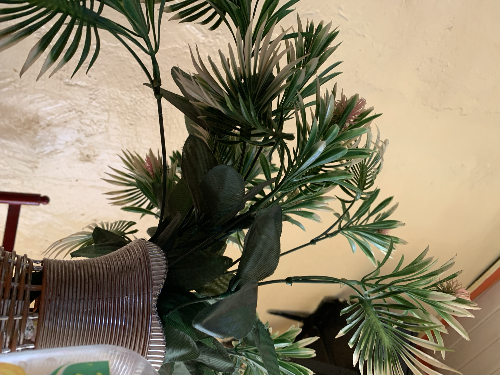 The image displays an artificial potted plant positioned against a textured, light beige wall in an indoor setting within the city of New Stadium, Nigeria. The central subject is an artificial botanical arrangement consisting of multiple green fronds and slender leaves, some exhibiting lighter green or cream variegation, and several small, spiky pink inflorescences. The plant is housed in a two-tiered container; the upper tier is a dark brown, ribbed structure with a scalloped rim, resting within a lighter brown, open-weave basket-like base. In the bottom left quadrant, a portion of a dark red, likely wooden, furniture component is visible. The bottom right reveals a partial view of a clear plastic bottle featuring a green and white label. The upper right background contains an indistinct dark object and a horizontal orange-brown stripe. No individuals are present in the frame. The lighting suggests an ambient, interior environment.
