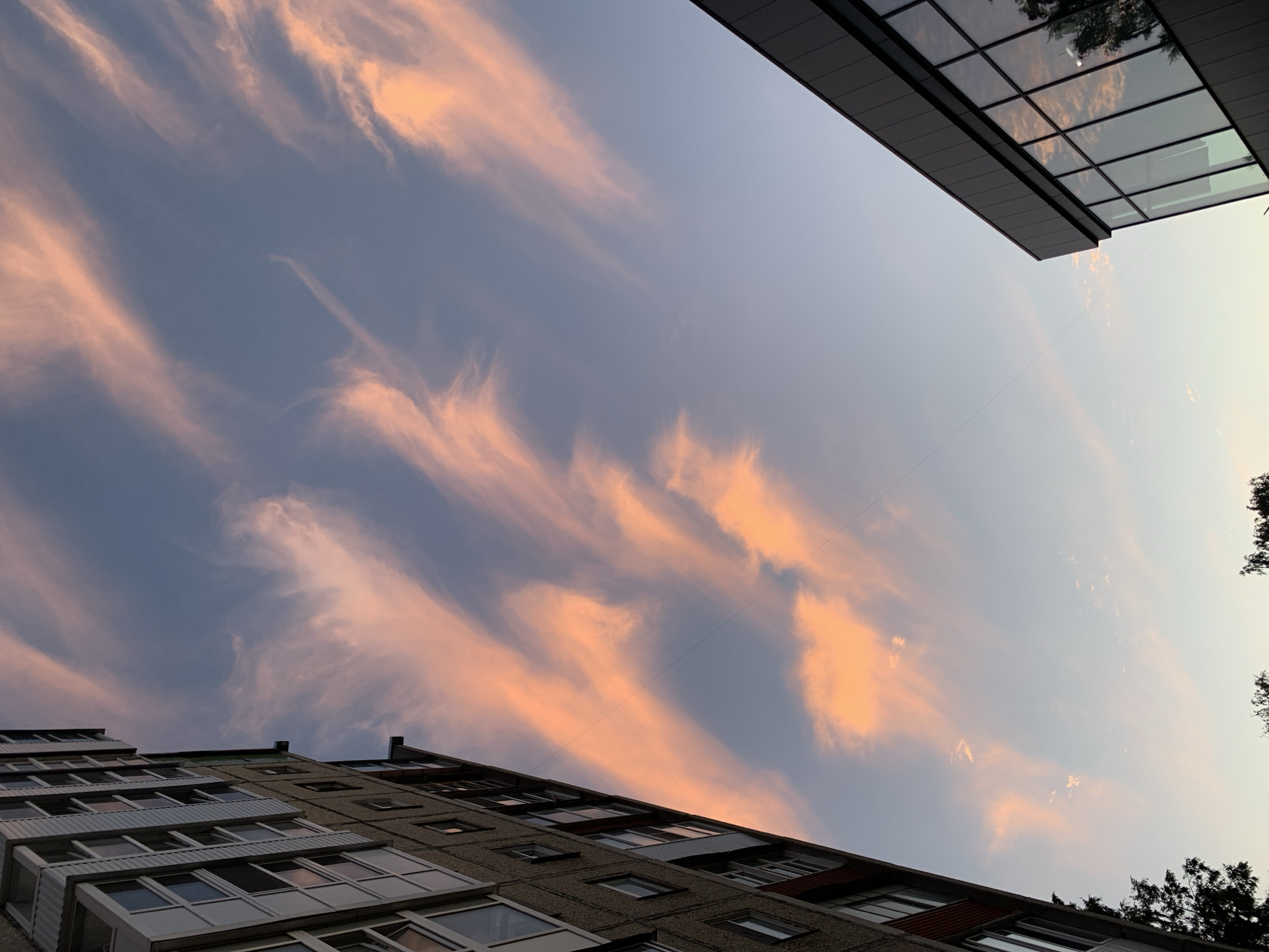 The image shows a low-angle view of a sky with wispy, pink-tinged clouds during sunset or sunrise, set against a backdrop of urban architecture. On the left, a portion of a multi-story apartment building with visible windows and balconies dominates the frame. On the right, a modern building with large, dark-tinted windows is partially visible, reflecting the sky. The sky transitions from a pale blue at the top to a lighter hue near the horizon. The scene is set in the city of Asha, Russia. No people or discernible actions are present.