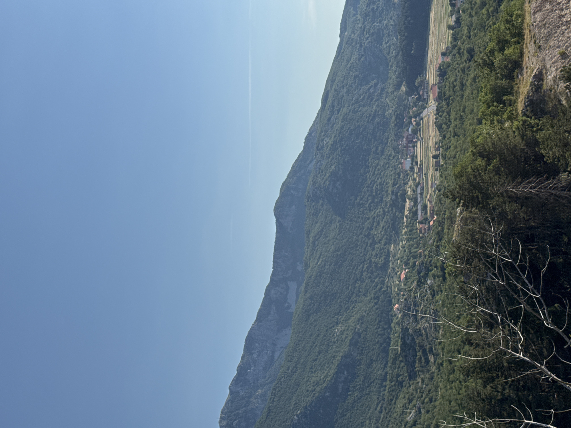 This is a vertical, eye-level, medium shot photograph of a mountainous landscape with a small village nestled in the valley. The sky is a clear, light blue, with a faint horizontal streak of a contrail in the upper portion of the frame. In the foreground, the branches of a barren tree with white limbs are visible. The middle ground is dominated by rolling, verdant green hills covered in dense trees. A small village with red-roofed buildings is scattered throughout the valley floor, surrounded by fields. In the background, large, rugged mountains with rocky outcrops rise majestically, their slopes also covered in trees. The overall scene depicts a serene, rural environment in a mountainous region, likely Bukovica, Montenegro, given the landscape's characteristics.