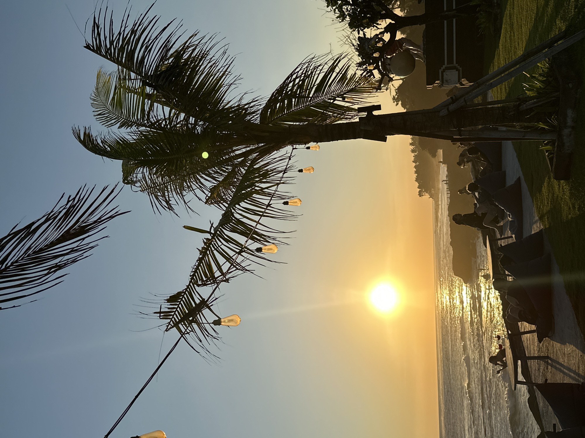 An outdoor scene captures a vibrant sunset over the ocean, dominated by warm golden and orange hues. A large palm tree with dark fronds occupies the left side of the frame, extending towards the center and top, its leaves silhouetted against the bright sky. Several string lights with incandescent bulbs hang from the palm tree branches, illuminating gently against the fading light.
In the midground, the sun is a bright, circular orb positioned low on the horizon on the right side, casting a brilliant golden glow across the ocean surface, creating a sparkling path of reflected light on the water. Gentle waves can be seen along the shoreline. To the right, a grassy area and what appears to be an outdoor seating or dining area are visible. Several people are silhouetted, seated at tables or on beanbags, facing the ocean and enjoying the sunset view. Some tables show what might be wine glasses.
Further back on the right, dark silhouettes of other trees and structures, possibly buildings or parts of a resort, are visible against the sky. The sky transitions from a light blue at the top to a rich orange and yellow closer to the horizon, indicative of late afternoon or early evening. The overall atmosphere is serene and relaxing, highlighting a tranquil moment at a tropical or coastal setting. No visible text is present in the image.