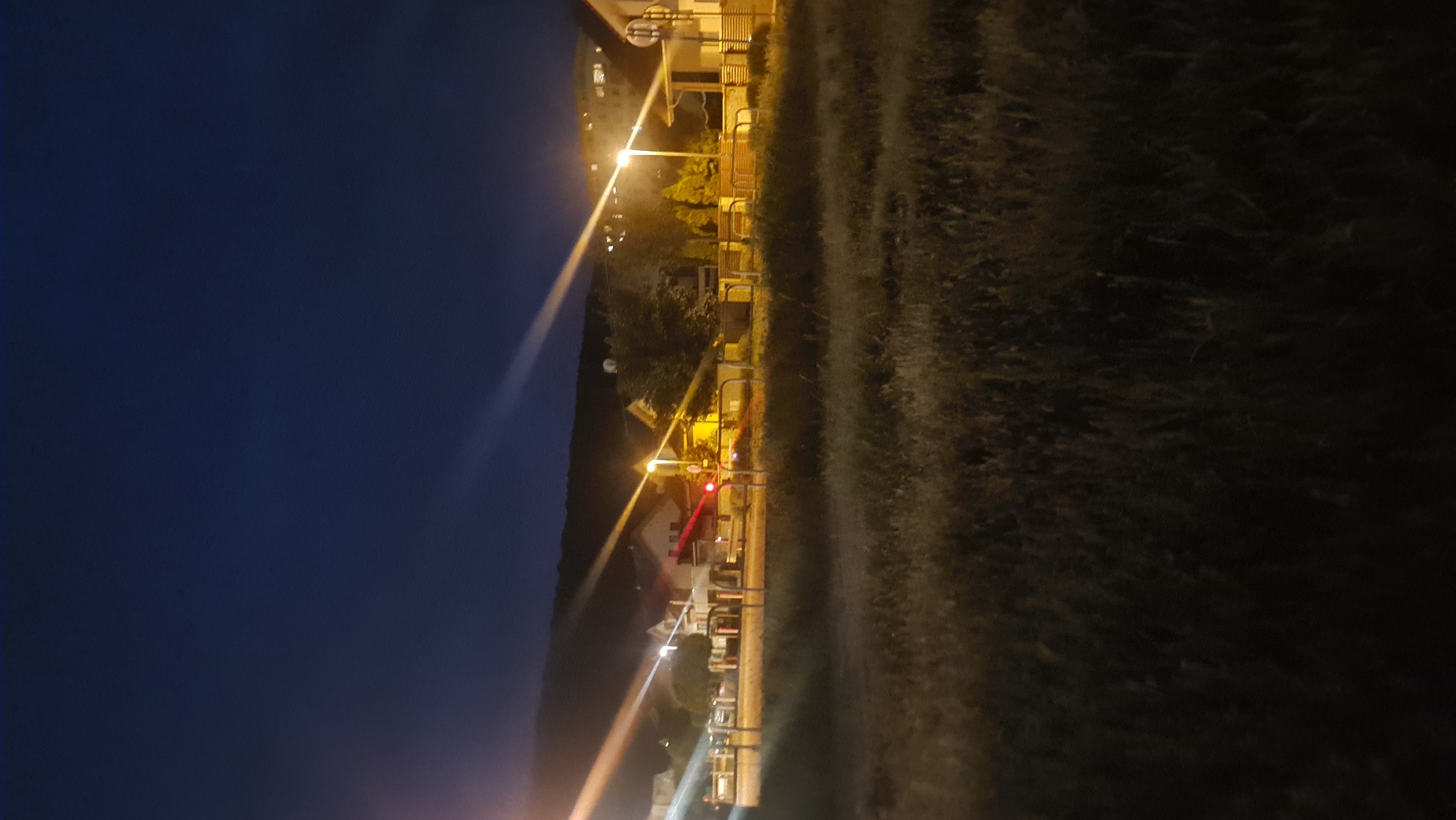 A night view of a city street, featuring streetlights illuminating the surroundings. A building is visible, and a grassy area is to the right of the street. The sky is a dark blue.