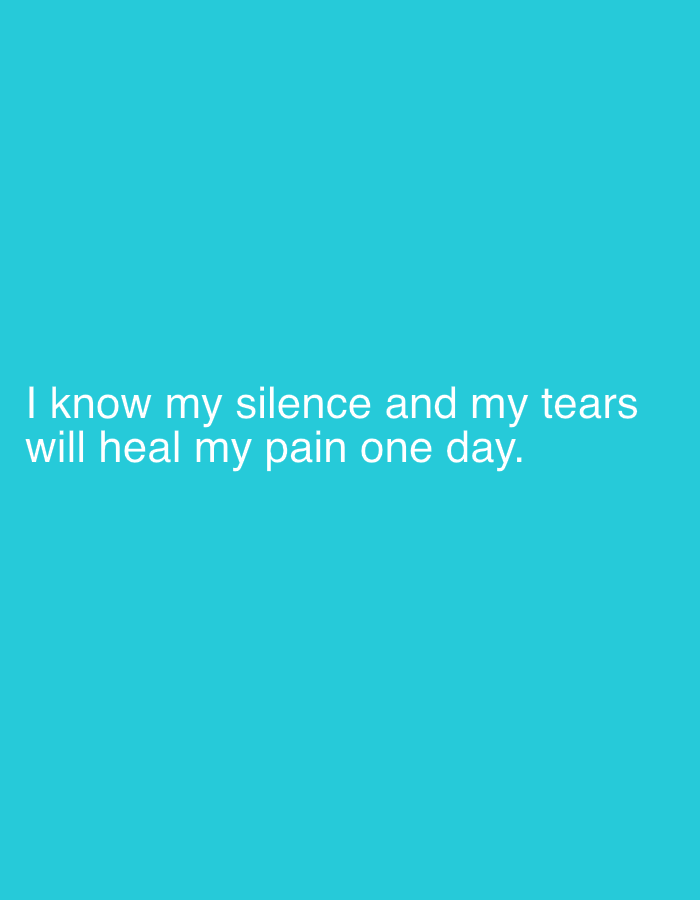 The image is a teal background with the white text, "I know my silence and my tears will heal my pain one day." The location and details of Ado, Nigeria, are not visible.