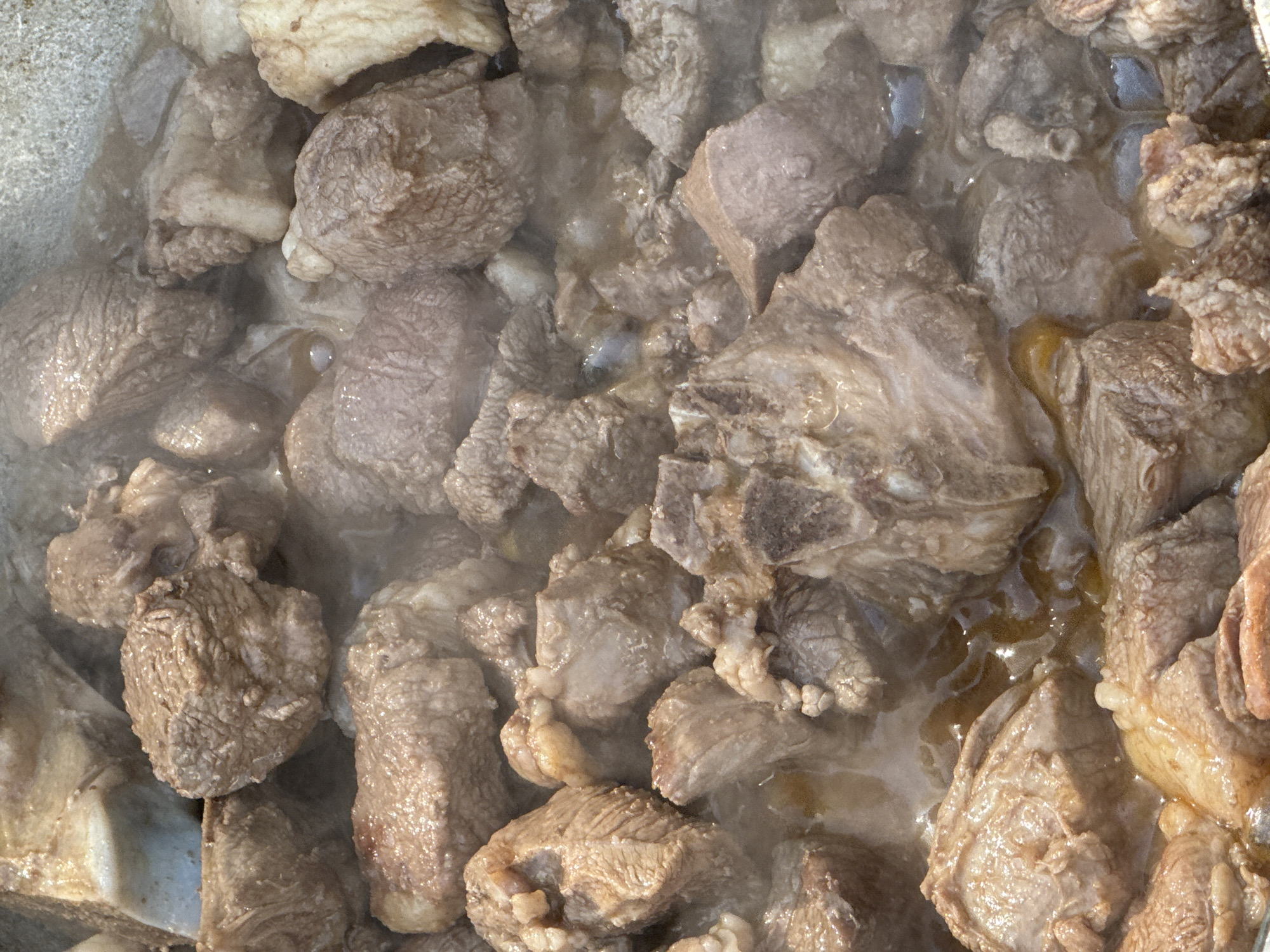 This is a close-up, overhead shot of large chunks of raw meat cooking in a pot. The meat is a grayish-brown color and appears to be stewing in its own juices and possibly some broth. Steam rises from the pot, indicating the food is hot. The lighting suggests an outdoor setting, possibly a communal cooking area. The image does not provide any specific information about the city of Sary-Oy, Kyrgyzstan.