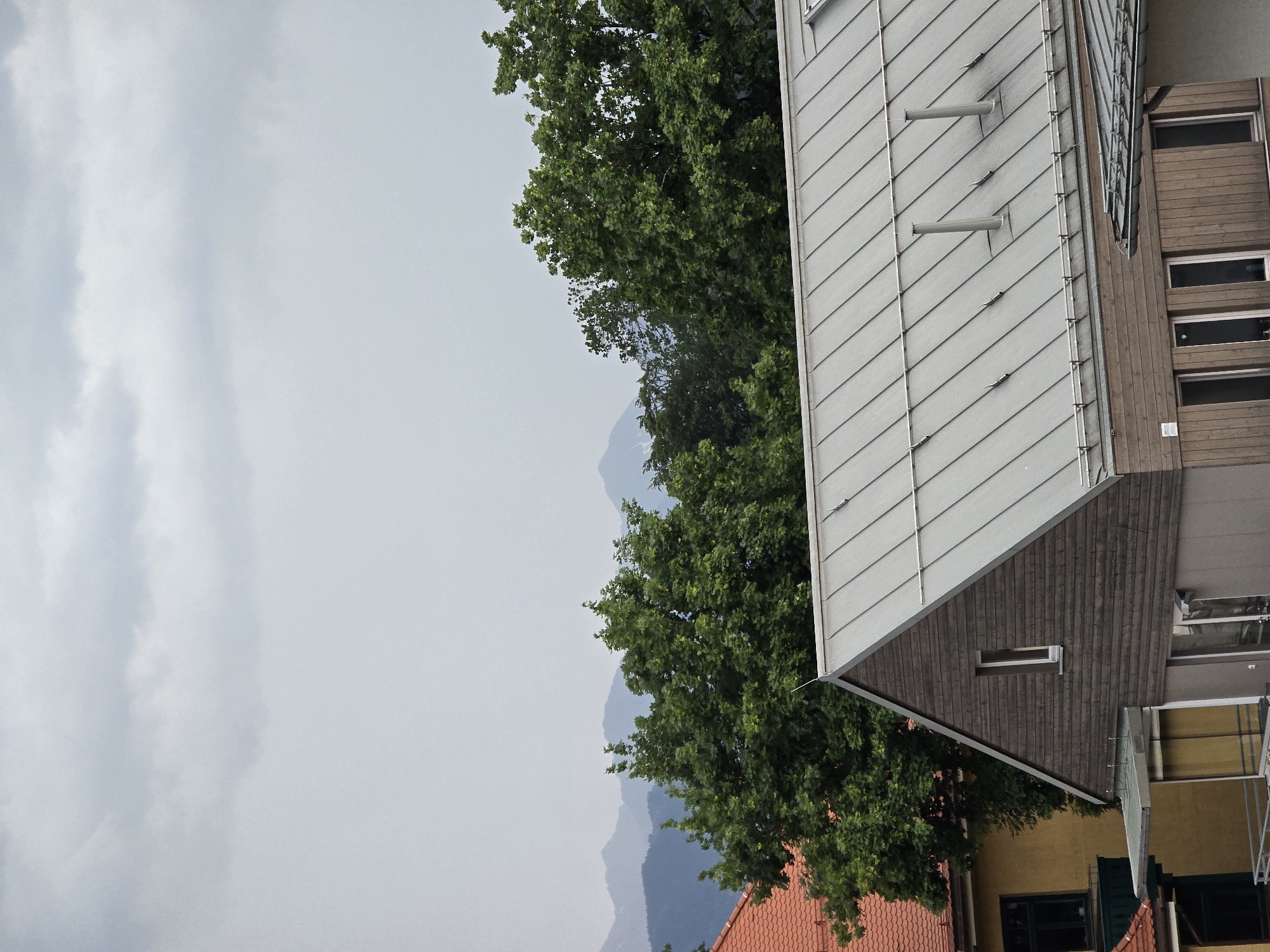 The image captures a view of houses and trees in Garmisch-Partenkirchen, Germany, with mountains in the background under a cloudy sky. In the foreground, a modern house with a grey metal roof and wooden siding is visible. Adjacent to it, another building with a red tiled roof and yellow siding is partially seen. Several large, leafy green trees are situated between the houses and the distant mountain range, which appears hazy and layered in shades of blue and grey. The sky is overcast with soft, diffused light. There are no people or animals visible in the frame. The scene depicts a residential area with natural elements.