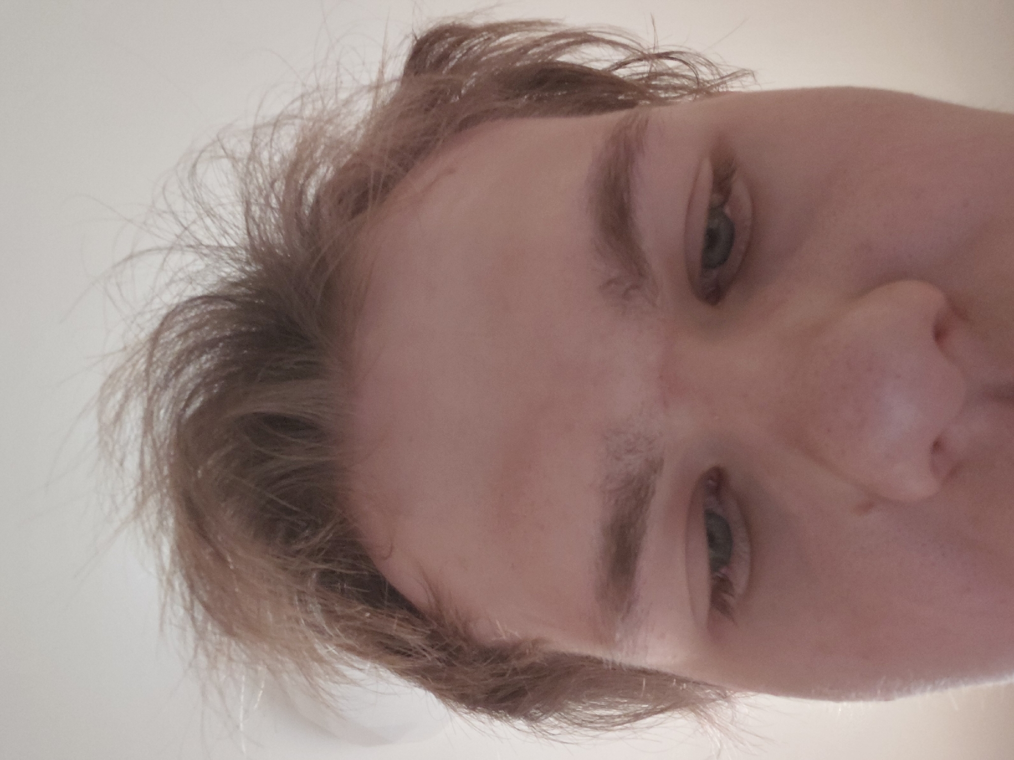 This close-up portrait, rotated sideways, features the upper half of a light-skinned person's face, likely a young adult, viewed from a low angle looking upwards. The subject has light brown or blonde hair, which appears somewhat disheveled and fine in texture. Their eyes, partially visible, are a greenish-blue or greyish-blue color, directed towards the camera. Distinct eyebrows match the hair color. The forehead and nose are prominent, showing a smooth skin texture with a few minor blemishes.
The person maintains a neutral expression, without strong emotions. The background is a plain, light-colored surface, possibly a wall or ceiling, offering no specific environmental cues. The lighting is soft and even, suggesting an indoor setting or an overcast outdoor environment. No particular activity is depicted beyond posing for the photograph. There is no visible text in the image. Although provided with the location context of Nadym, Russia, no visual elements within the photograph confirm this detail.