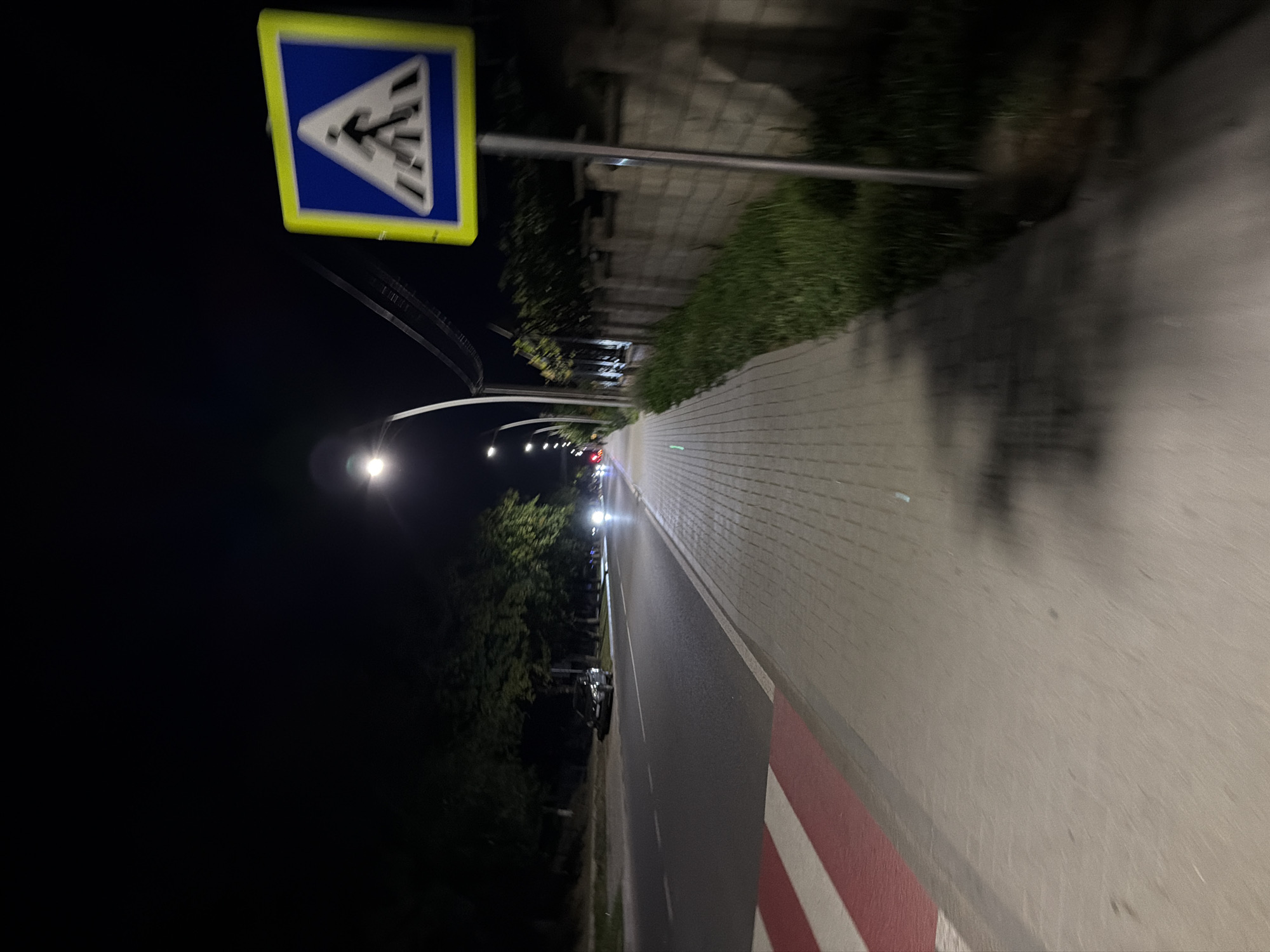 The image depicts a nighttime street scene in Strășeni, Moldova. A pedestrian crossing sign, a blue square with a white triangle and a black pedestrian symbol, is prominently displayed on the right side of the frame, mounted on a gray pole. The sidewalk is paved with light-colored rectangular bricks and runs alongside a road. The road has white lane markings and a red and white striped crosswalk. Trees with green foliage line the left side of the road, and a stone wall with grass growing in front of it borders the right side of the sidewalk. A car is parked on the side of the road among the trees, and other vehicles with illuminated headlights are visible further down the street. Streetlights illuminate the scene, casting shadows on the sidewalk. The overall impression is that of a well-lit urban street at night.