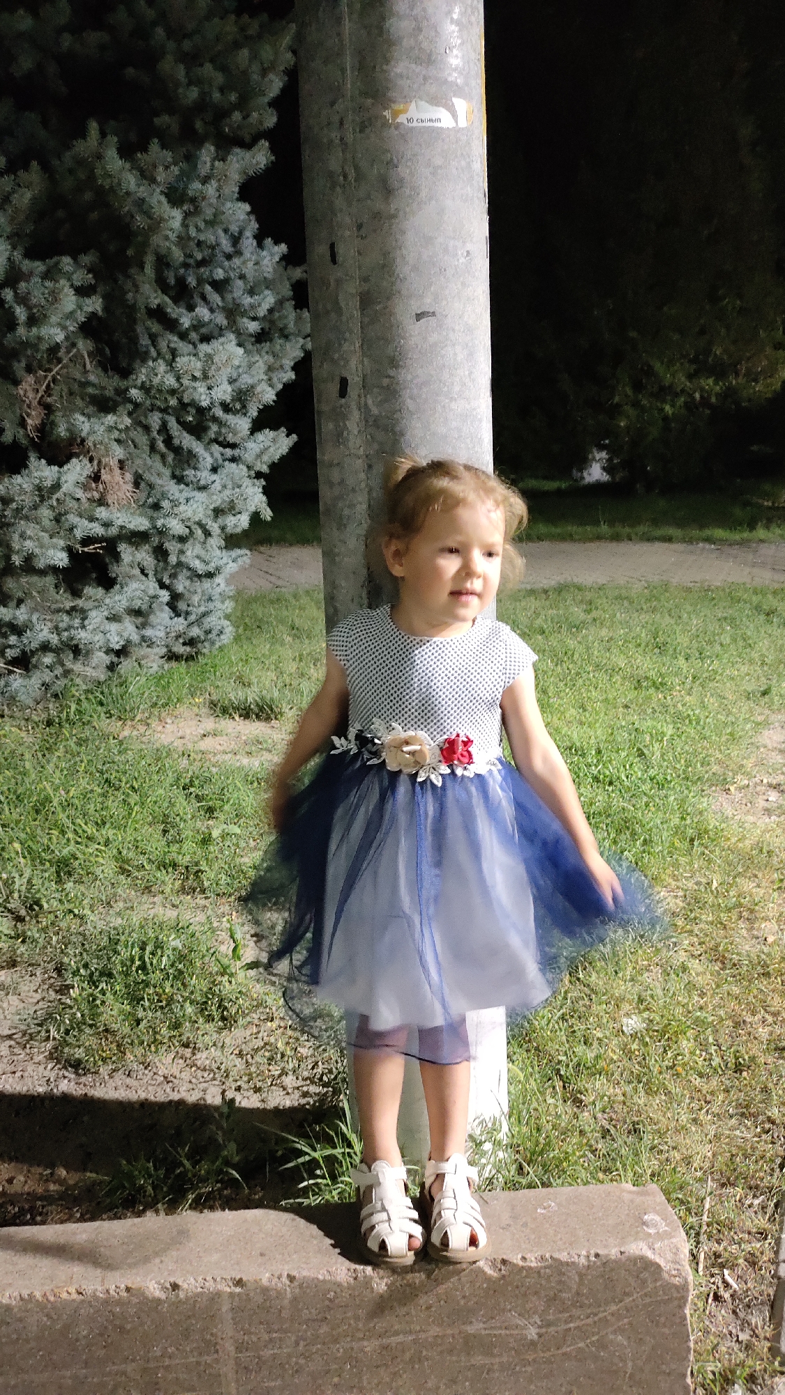 A young girl, appearing to be around 3-4 years old, stands next to a lamppost in what seems to be a park or outdoor area. She is wearing a white and navy polka dot top with a dark blue, layered tulle skirt adorned with floral embellishments around the waist. Her feet are clad in white sandals, and she is positioned on top of a concrete ledge. The background features a large evergreen tree and grassy terrain, with the scene illuminated by artificial light, suggesting it is nighttime or dusk. There are some faded stickers on the lamppost. The girl is looking to her right with a slight smile.