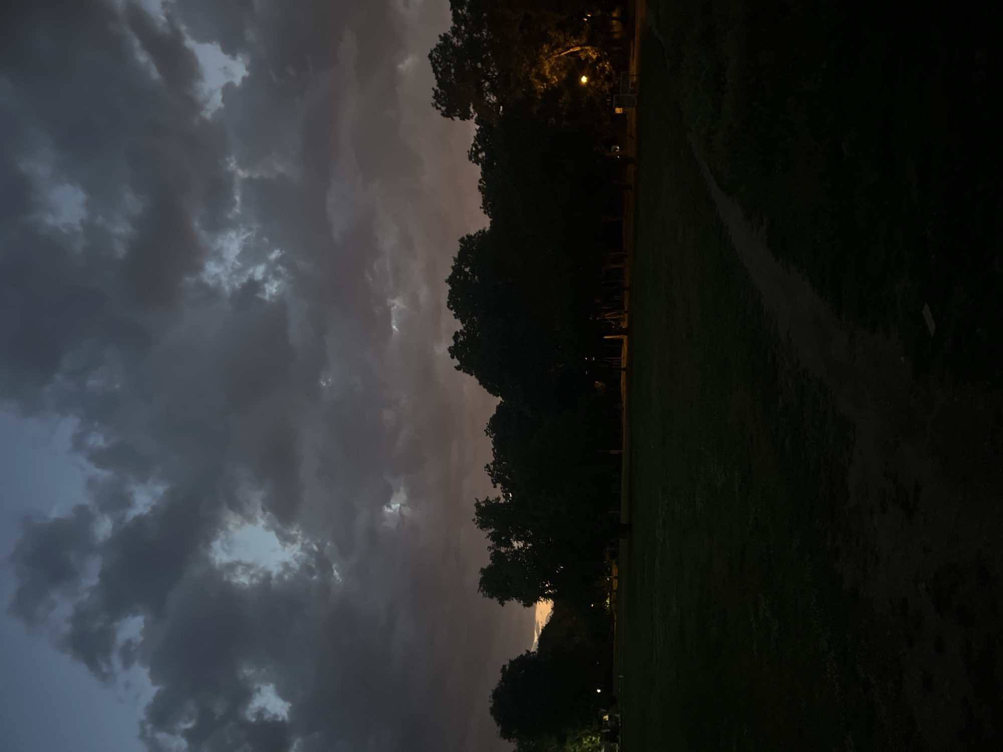 The image depicts a park setting at dusk or night, possibly in Unknown, Unknown. A row of trees lines the park on one side, with dense foliage obscuring details beyond. A path or open grassy area is visible on the right, leading away from the viewer, but it is very dark. The sky is overcast with heavy, dark clouds. Distant lights appear faint and obscured by trees in the middle of the image. The overall atmosphere is dark and somewhat ominous.