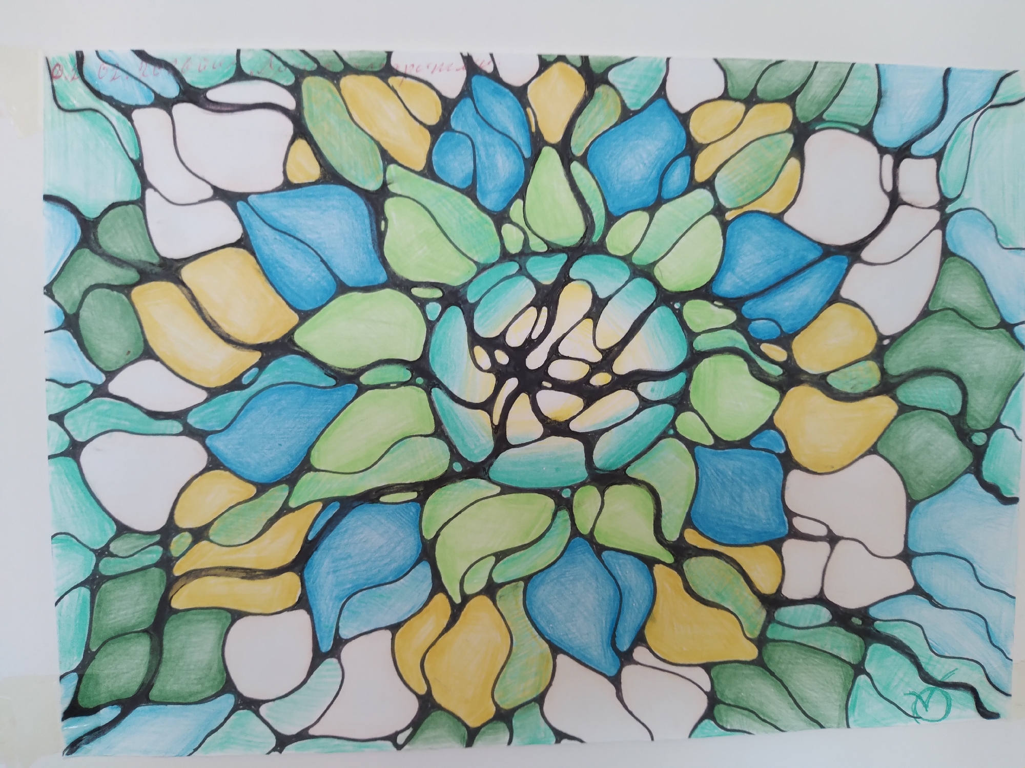 The image is a close-up, eye-level, full shot of a drawing. The drawing features an abstract, organic pattern of interconnected shapes, resembling cells or flower petals. These shapes are colored in shades of blue, green, and yellow, with some areas left white. They are outlined with thick black lines. The drawing is on a white surface, possibly paper or canvas, and the edges are taped with white tape. There is some faint text and a signature in the upper left and lower right corners of the drawing, respectively. The drawing does not depict any specific location in the city of Baki, Uzbekistan, or any people, objects, or actions that would suggest such a location.