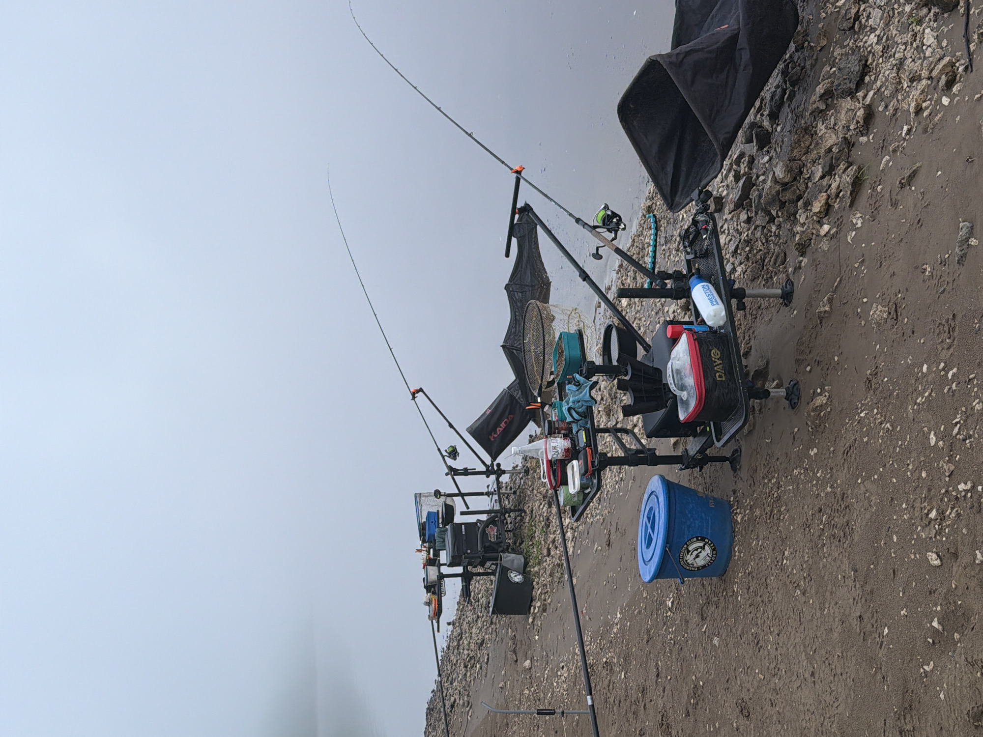The media file displays a comprehensive fishing setup situated on a muddy and rocky bank beside a placid body of water in Noviy, Russia. The scene is captured under an overcast sky, casting a soft, diffused light over the area, suggesting either an early morning or a cloudy day.
No people are visible in the image. The main subjects are the array of fishing equipment and the natural environment. Several fishing rods are set up and extend into the calm, murky grey water, indicating active fishing or preparation for it. A prominent feature is a highly customized fishing seat or box, likely a feeder chair or seat box, equipped with various attachments such as rod rests, trays holding bait boxes, and other tackle.
Notable objects include a large, black, possibly collapsible bag or shelter positioned further down the bank, and a bright blue bucket with a lid resting on the muddy ground. Alongside the fishing chair, a black keepnet is submerged in the water, and a landing net head is visible nearby. Various containers, including a white bottle labeled "PRESTON INNOVATIONS" and another clear bottle, are arranged on the fishing setup.
Visible text includes "PRESTON INNOVATIONS" on the white bottle, "DAVO" (or "Davo") on the fishing seat/box, "KAIDA" on a black bag, and on the blue bucket, a logo featuring a fish, the words "CHAMPIONSHIP CLUB," and "DAVO." The ground is a mix of dark mud and numerous light-colored pebbles and rocks. The water's surface reflects the grey sky, creating a subdued atmosphere typical of a quiet fishing day.